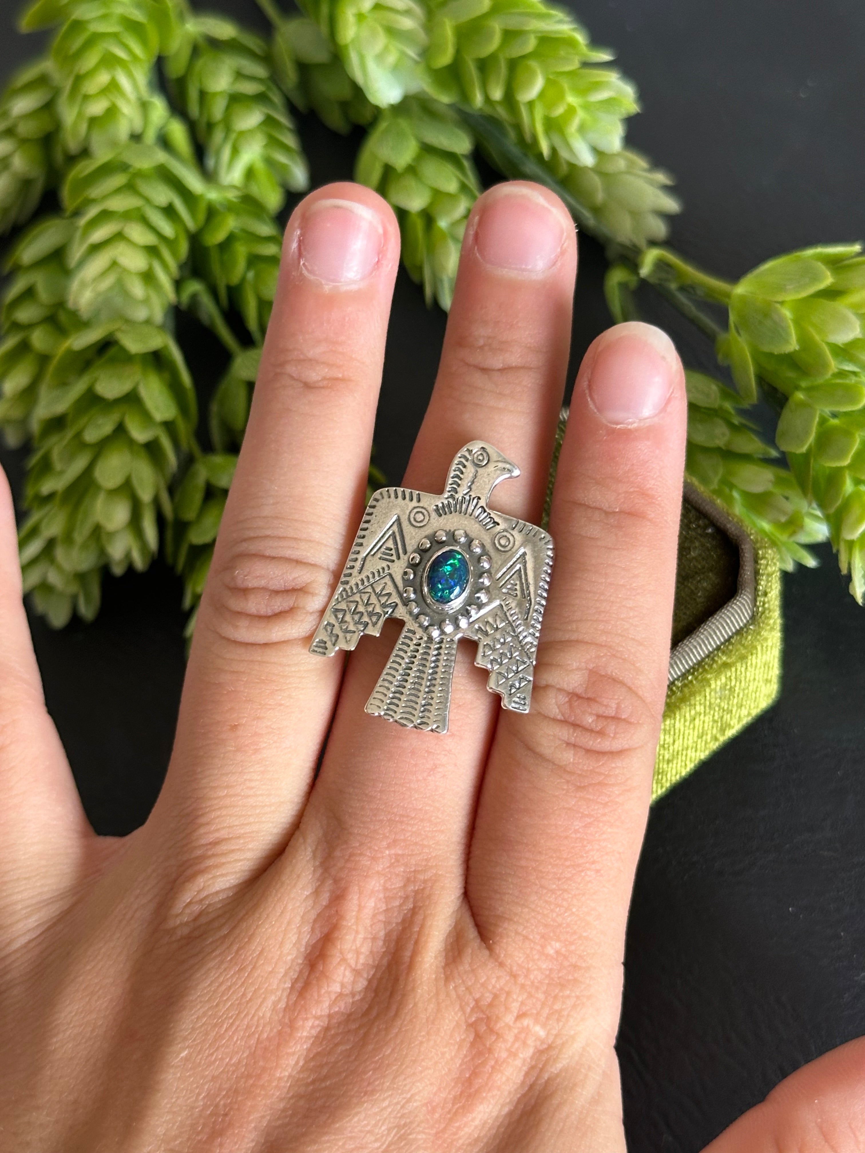 Southwest Handmade Opal & Sterling Silver Thunderbird Adjustable Ring