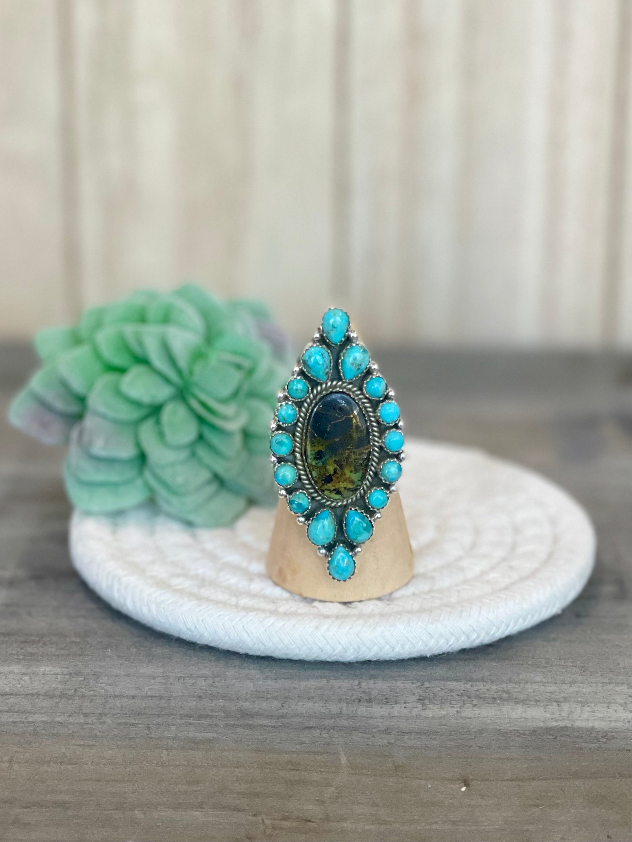 Southwest Handmade BlackJack Turquoise And Kingman Turquoise & Sterling Silver Adjustable Ring