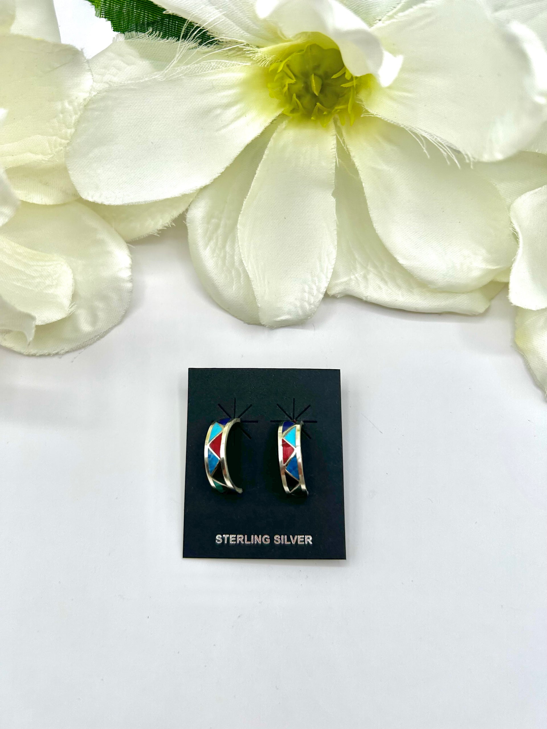 Navajo Made Multi Stone & Sterling Silver Post  Earrings