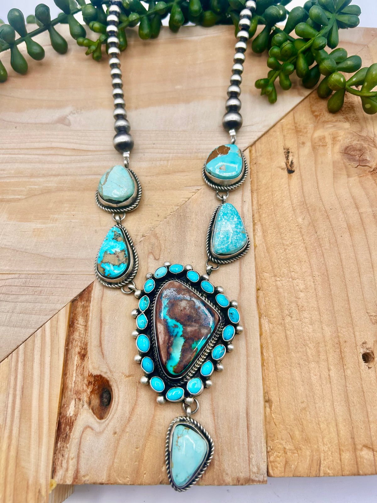 Navajo Made Royston Turquoise & Sterling Silver Cluster Necklace
