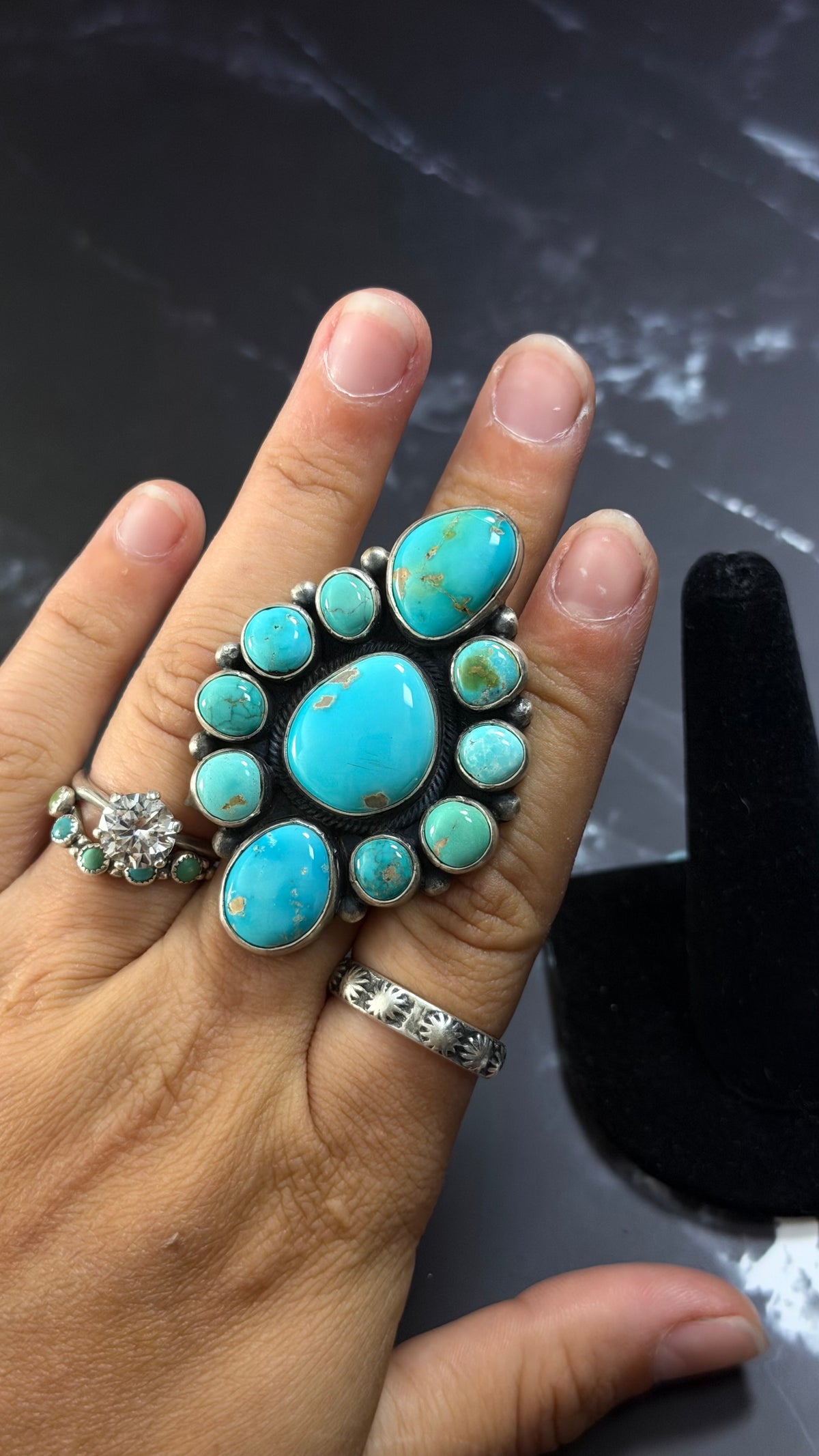 Darrin Livingston Sonoran Mountain Turquoise & Sterling Silver Cluster Ring Size 7.25