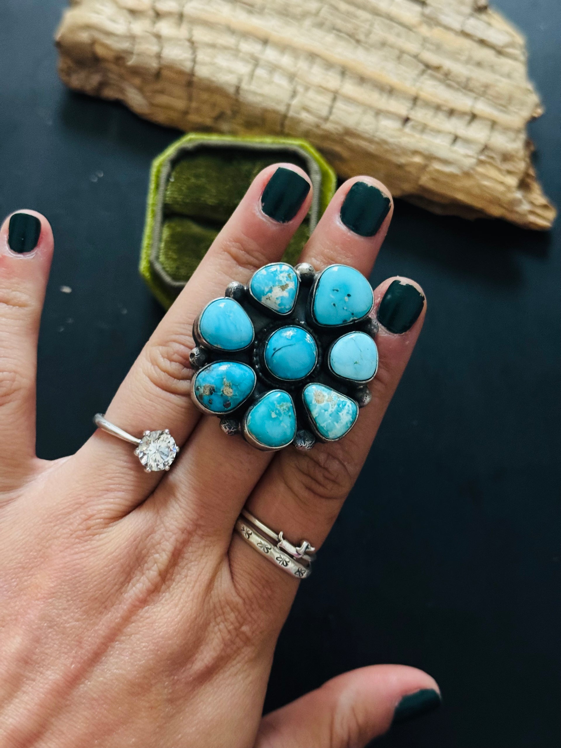 Navajo Made Blue Ridge Turquoise & Sterling Silver Adjustable Cluster Ring