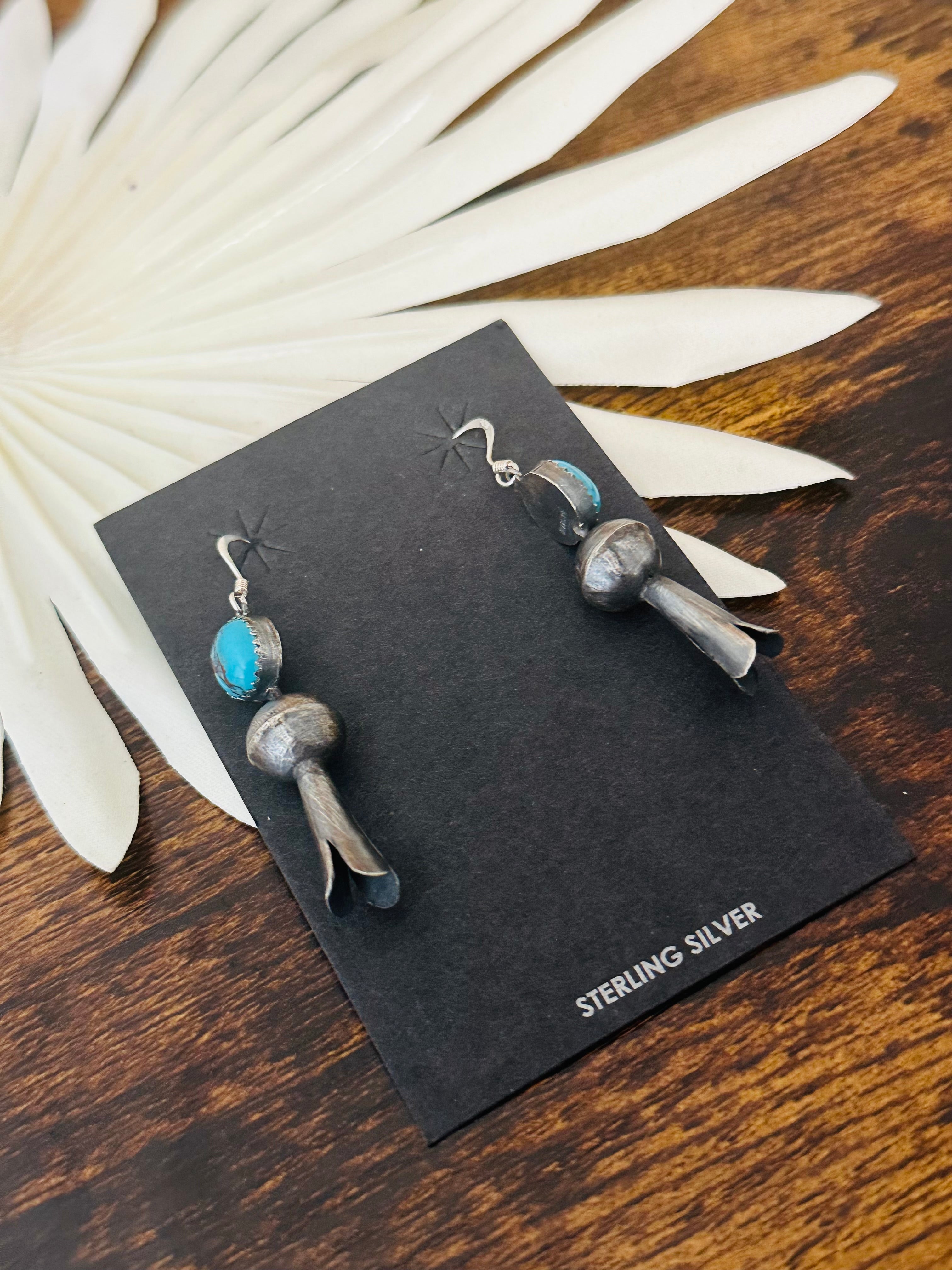 Navajo Made Kingman Turquoise & Sterling Silver Blossom Dangle Earrings