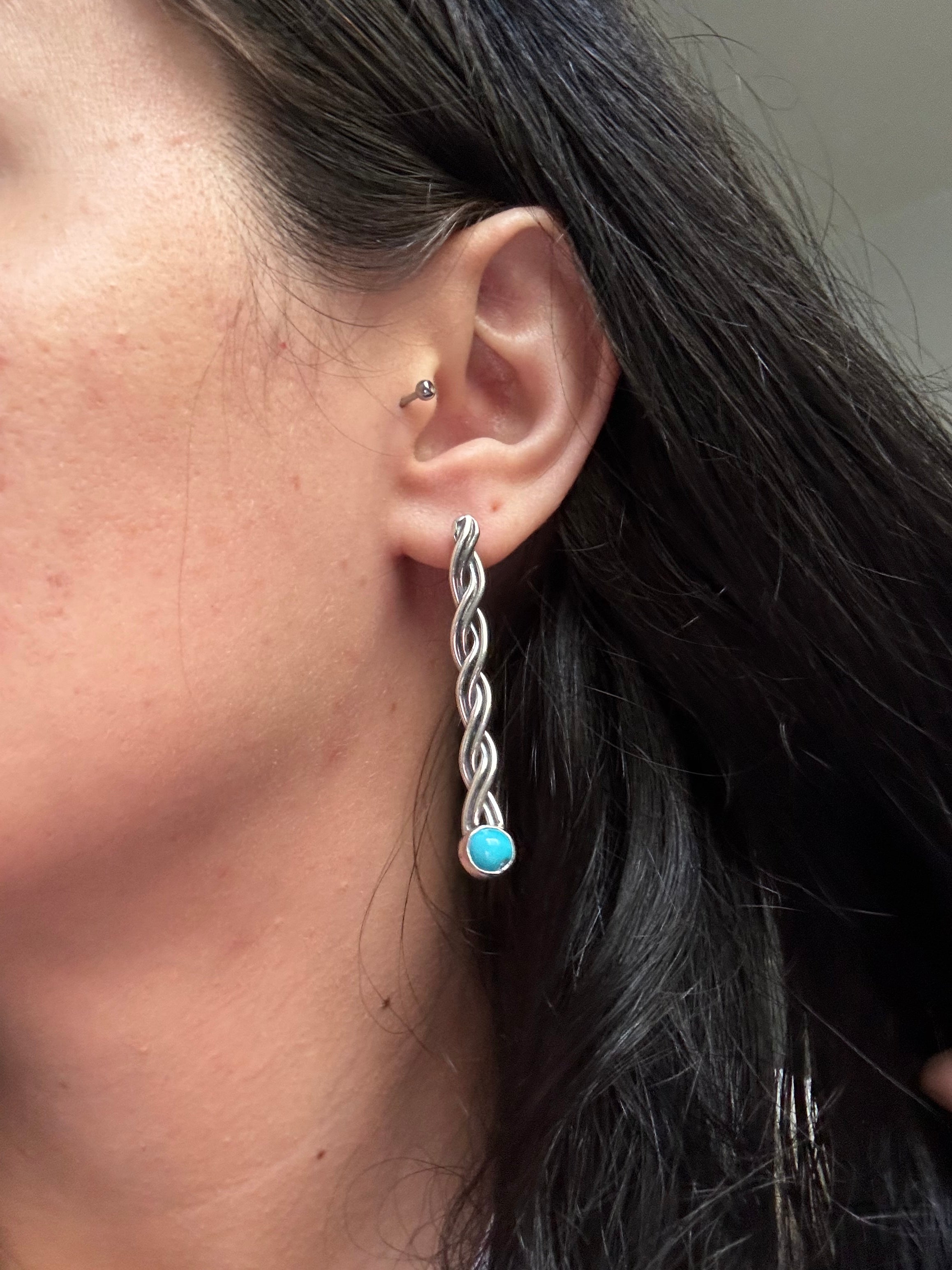 Navajo Made Kingman Turquoise & Sterling Silver Post Dangle Earrings