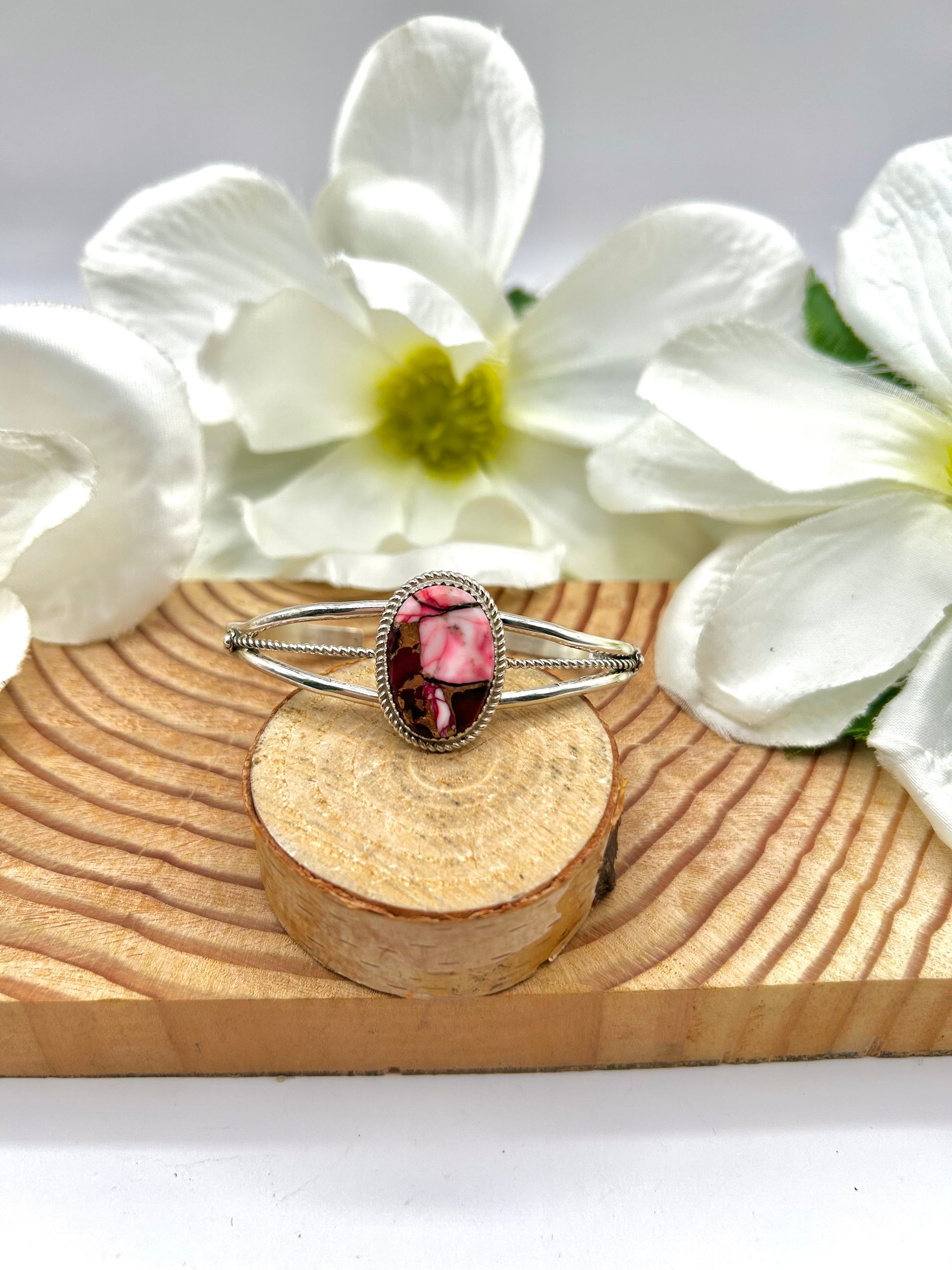 Larry Eticitty Rose Dahila & Sterling Silver Cuff Bracelet