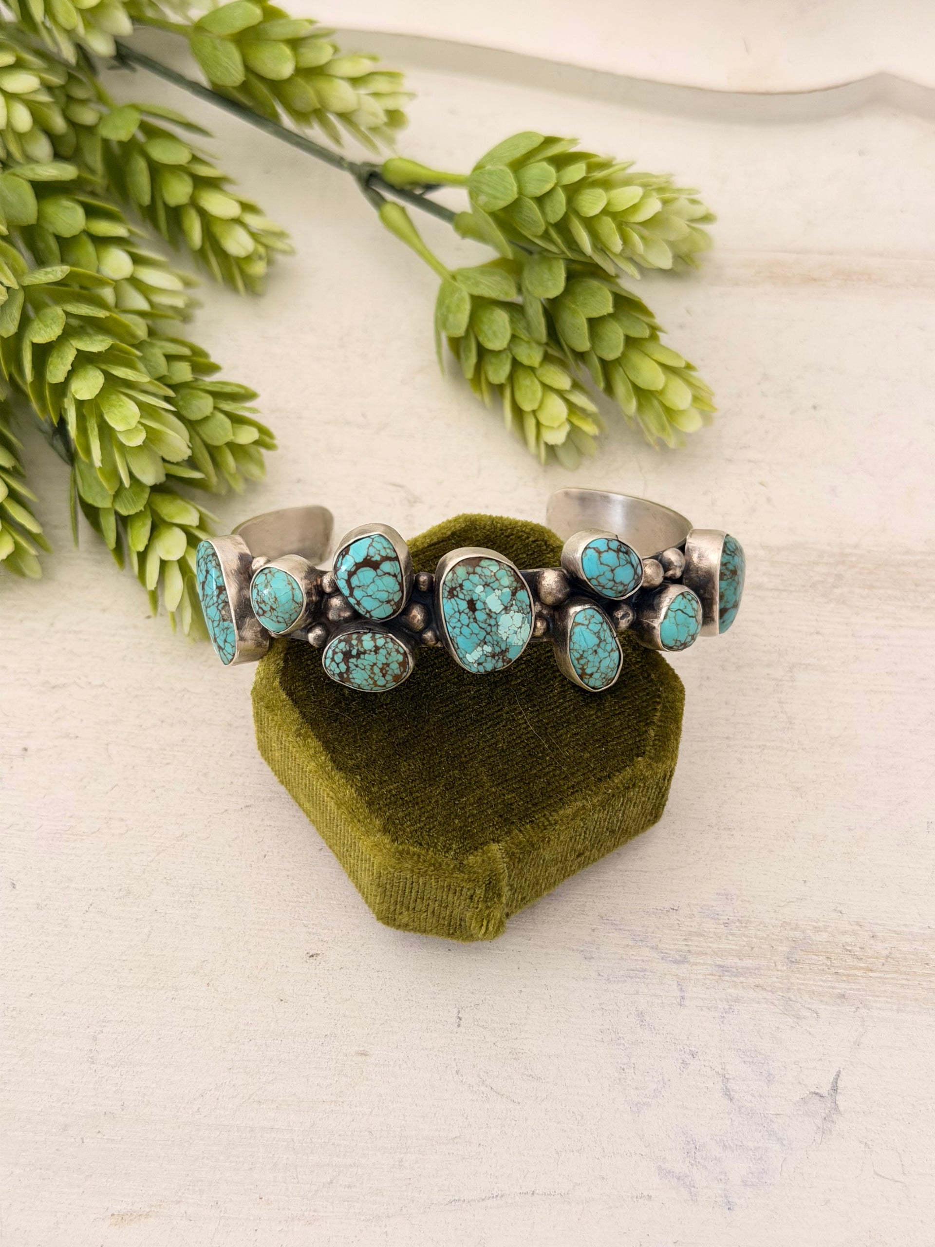 Bobby Johnson Mine 8 Turquoise & Sterling Silver Cluster Cuff Bracelet