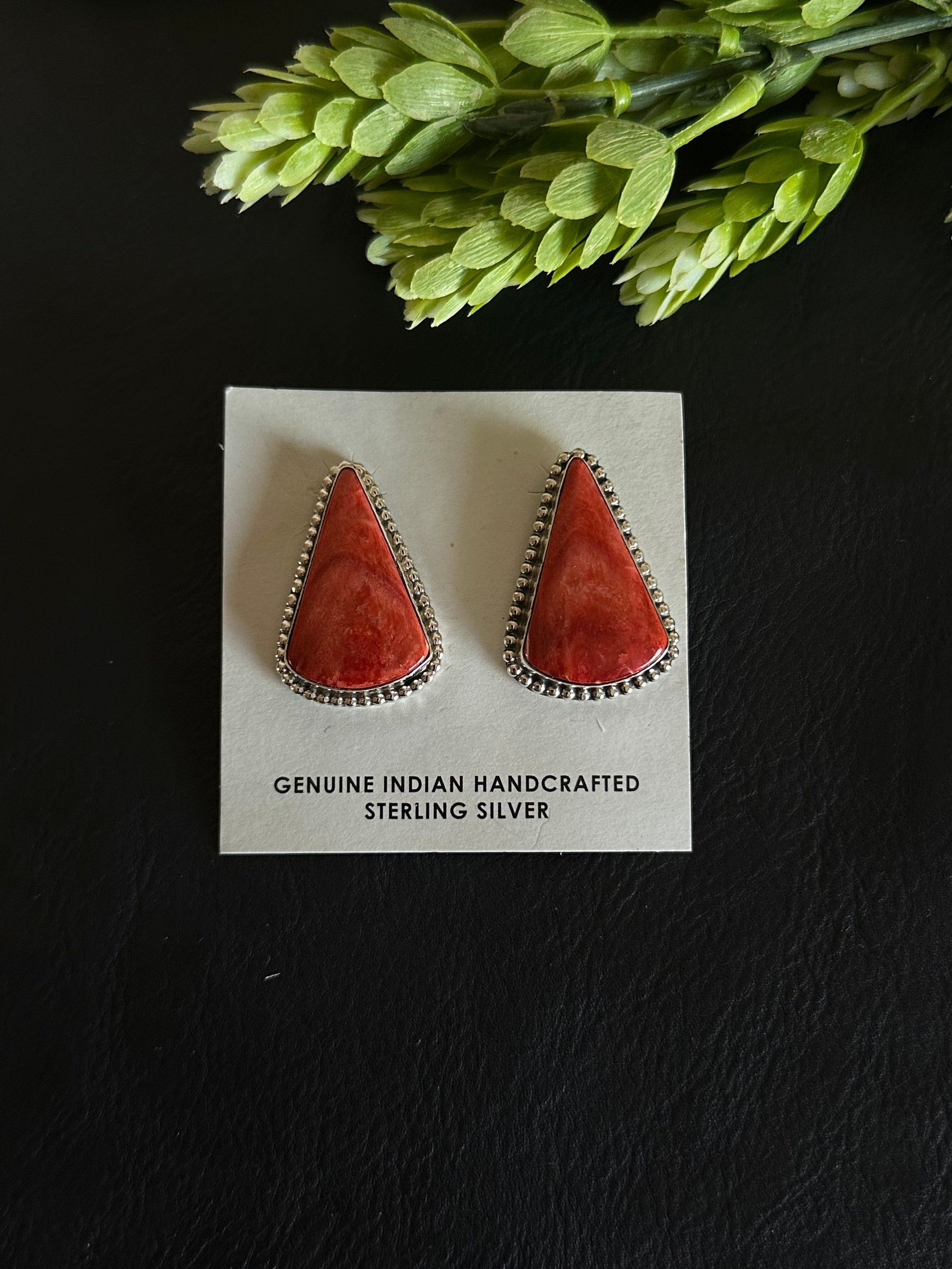 Navajo Made Red Spiny Oyster & Sterling Silver Post Earrings