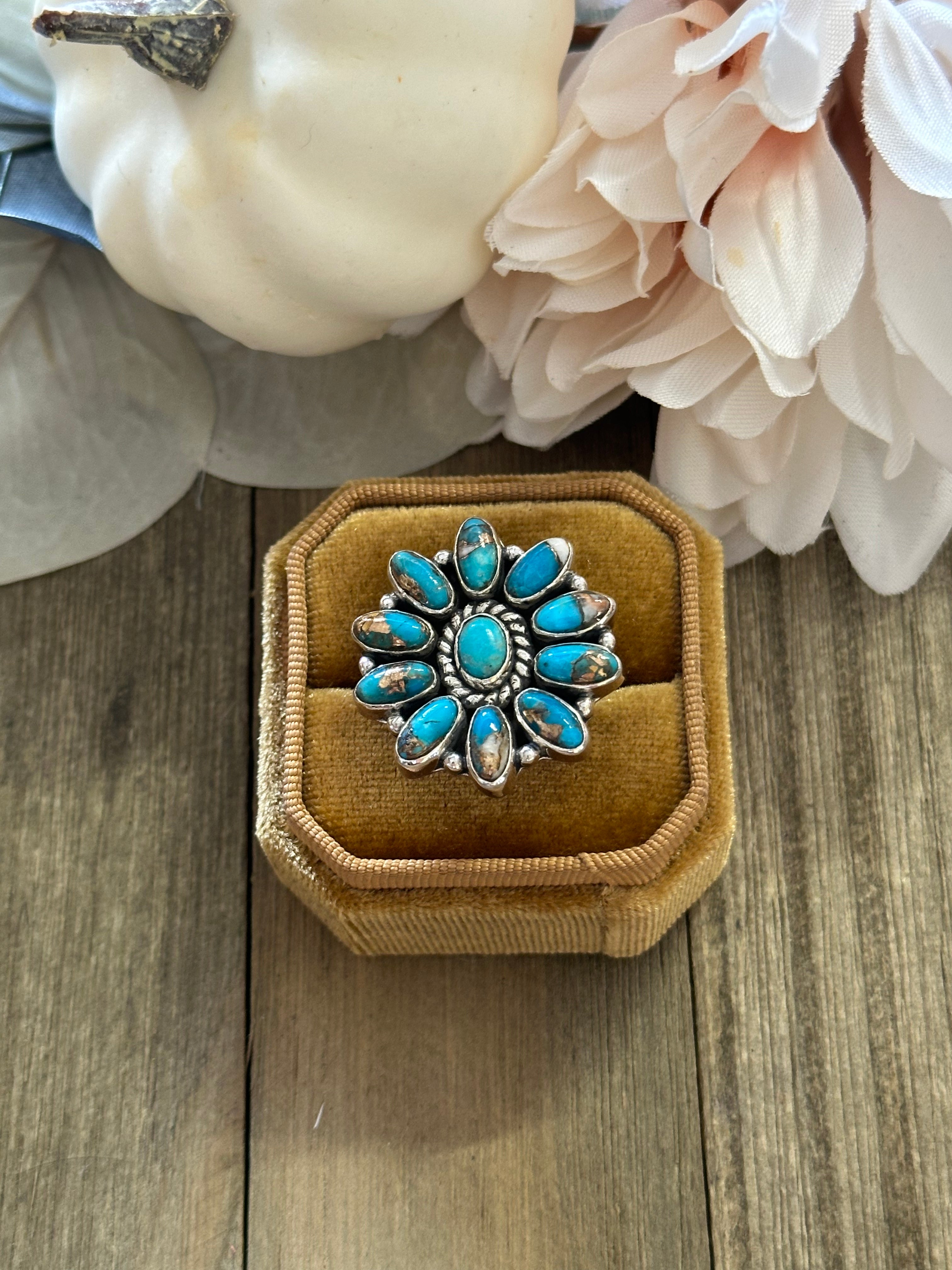 Southwest Handmade Mohave Turquoise & Sterling Silver Adjustable Cluster Ring