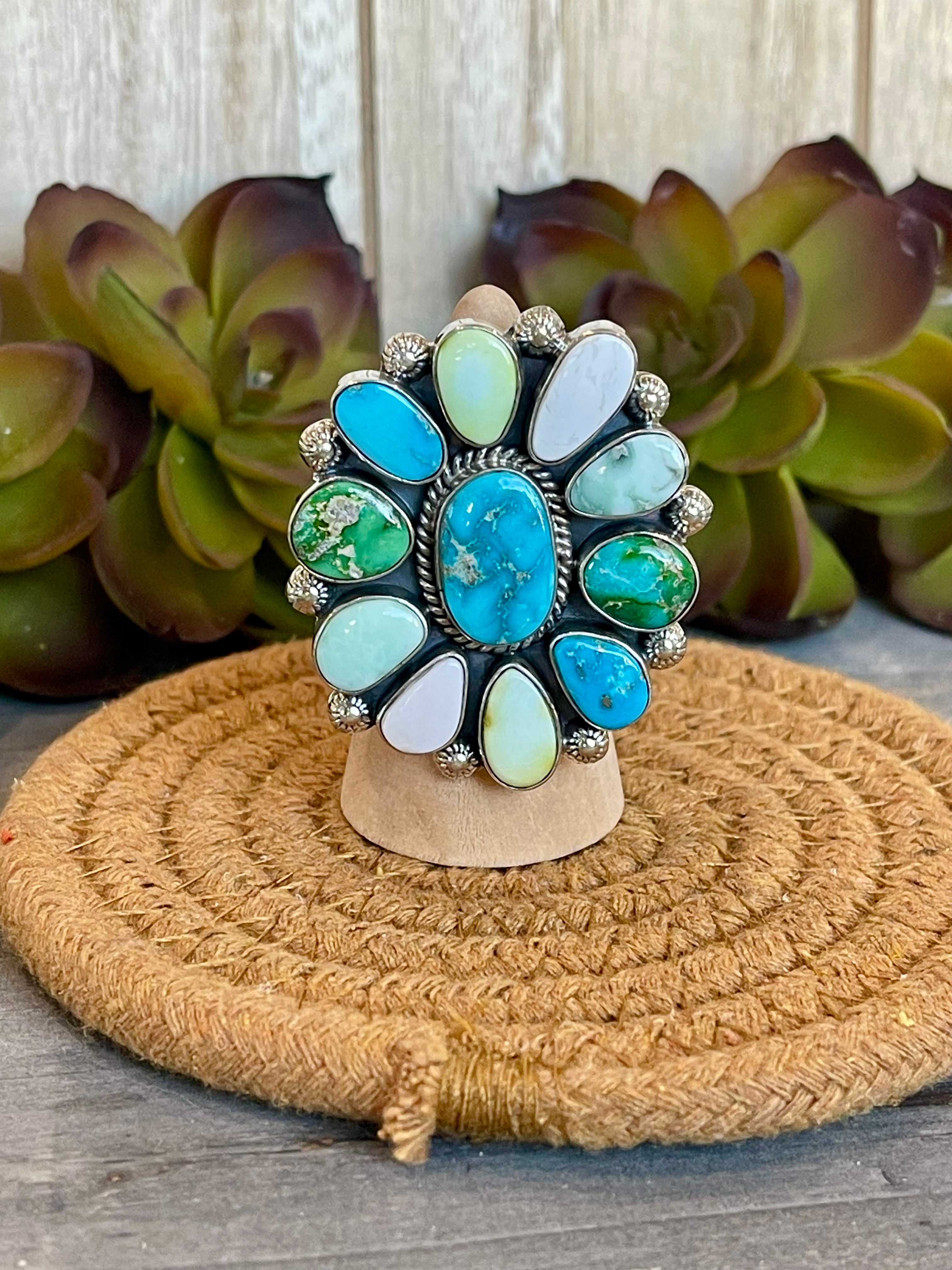 Southwest Handmade Multi Stone & Sterling Silver Adjustable Ring