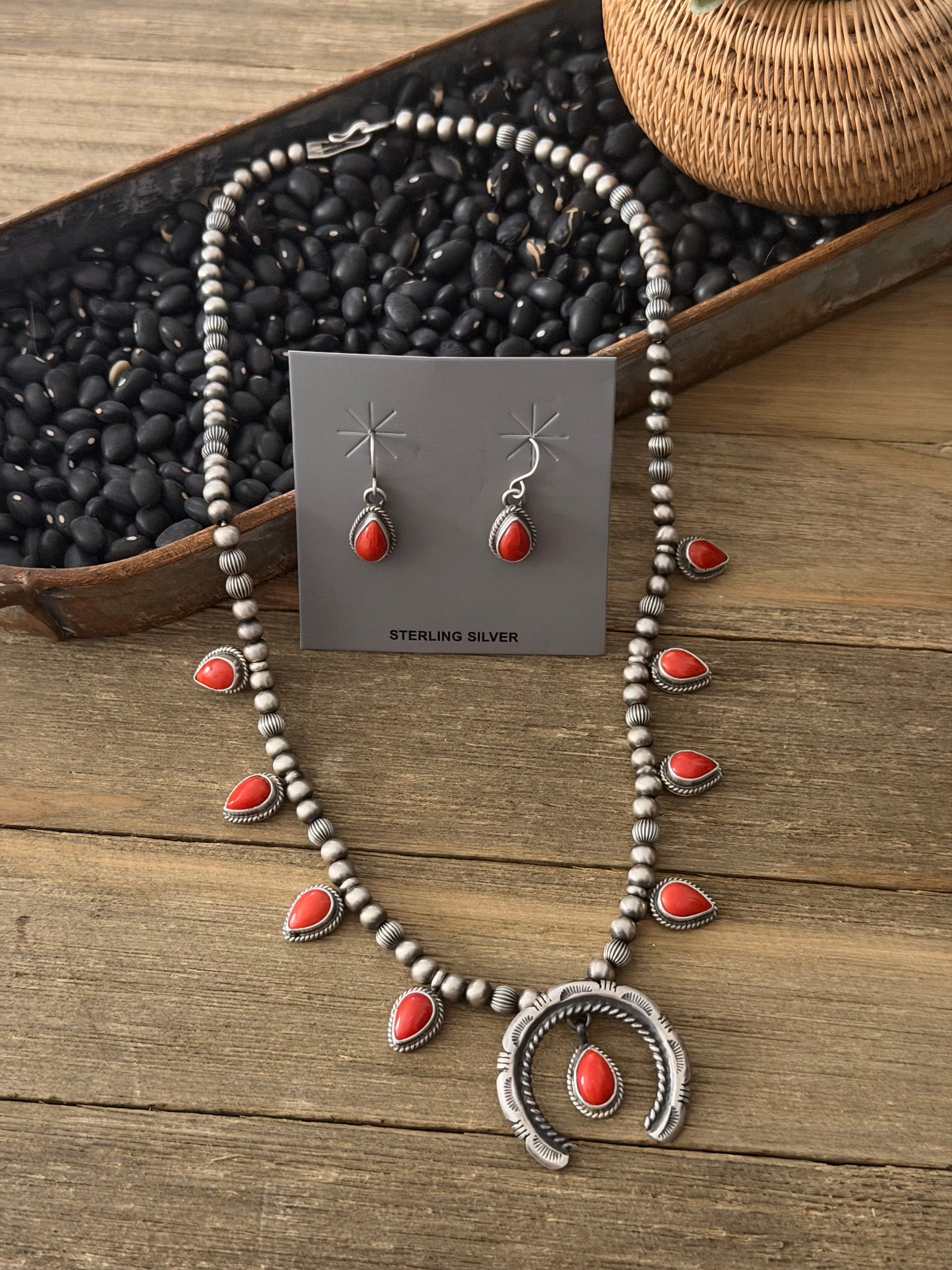 Francis Yazzie Red Coral & Sterling Silver Mini Squash Blossom Necklace Set