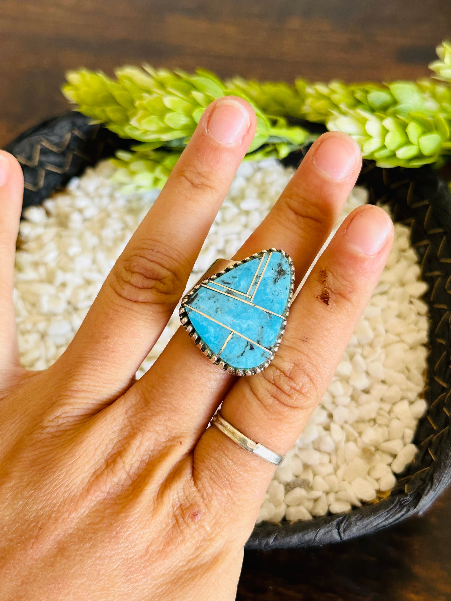 Larry Kaye Kingman Turquoise & Sterling Silver Adjustable Inlay Ring