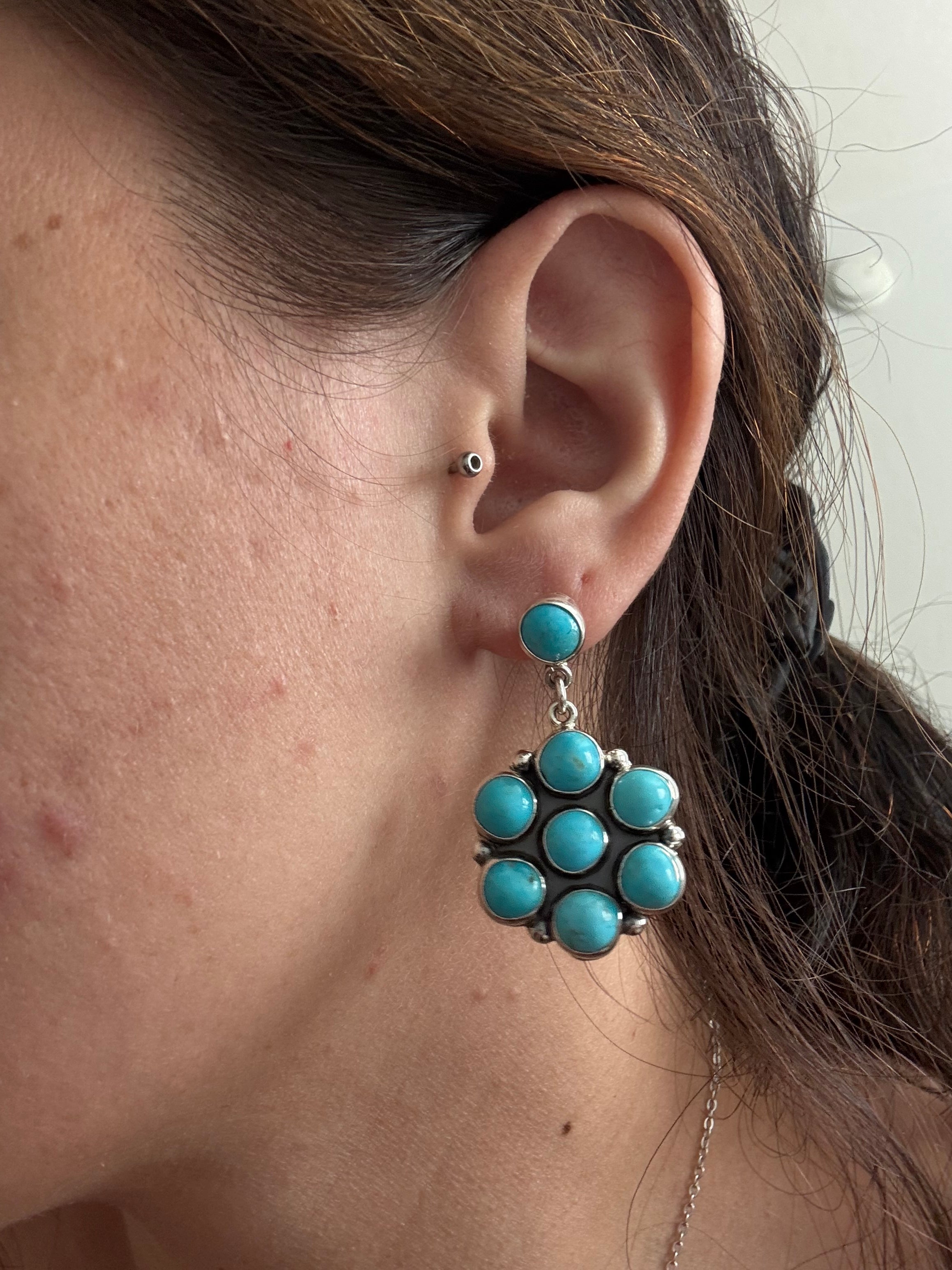 Navajo Handmade Kingman Turquoise & Sterling Silver Cluster Post Dangle Earrings