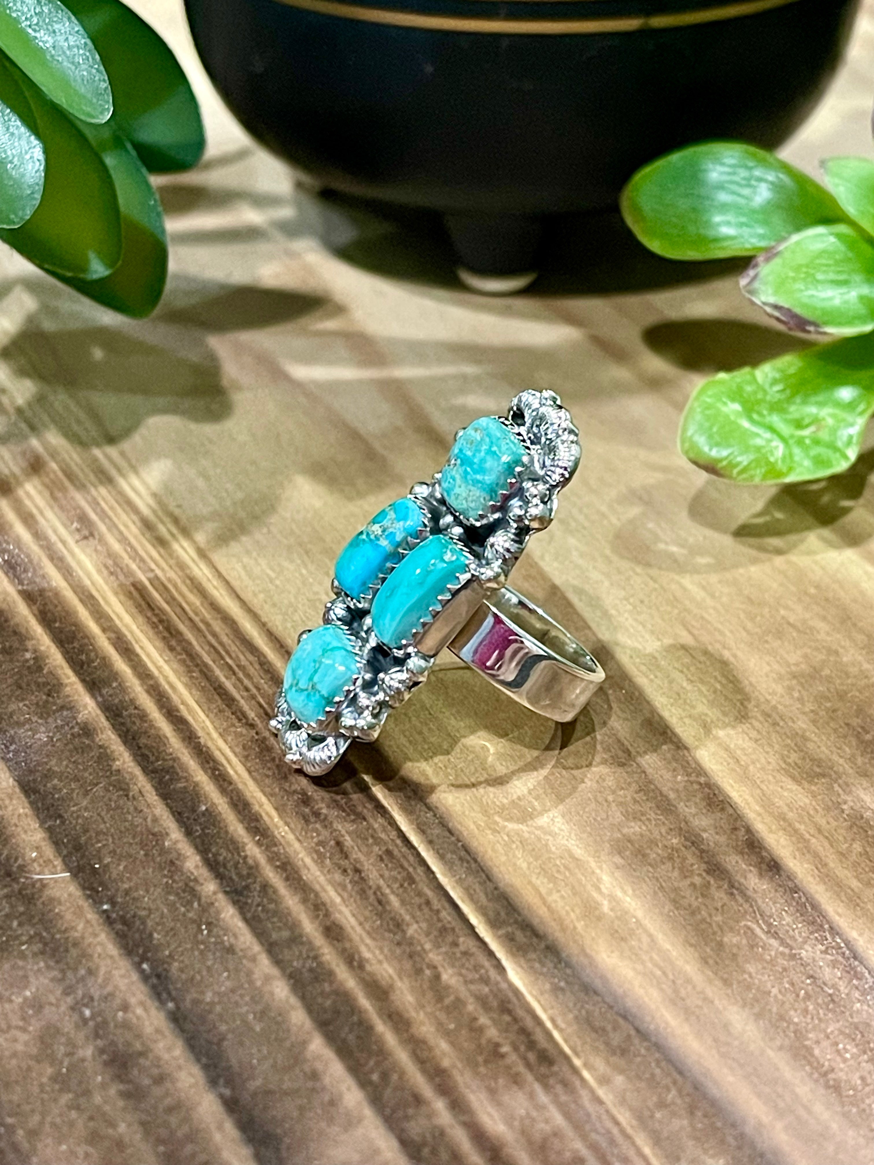 Southwest Handmade Emerald Valley Turquoise & Sterling Silver Adjustable Cluster Ring