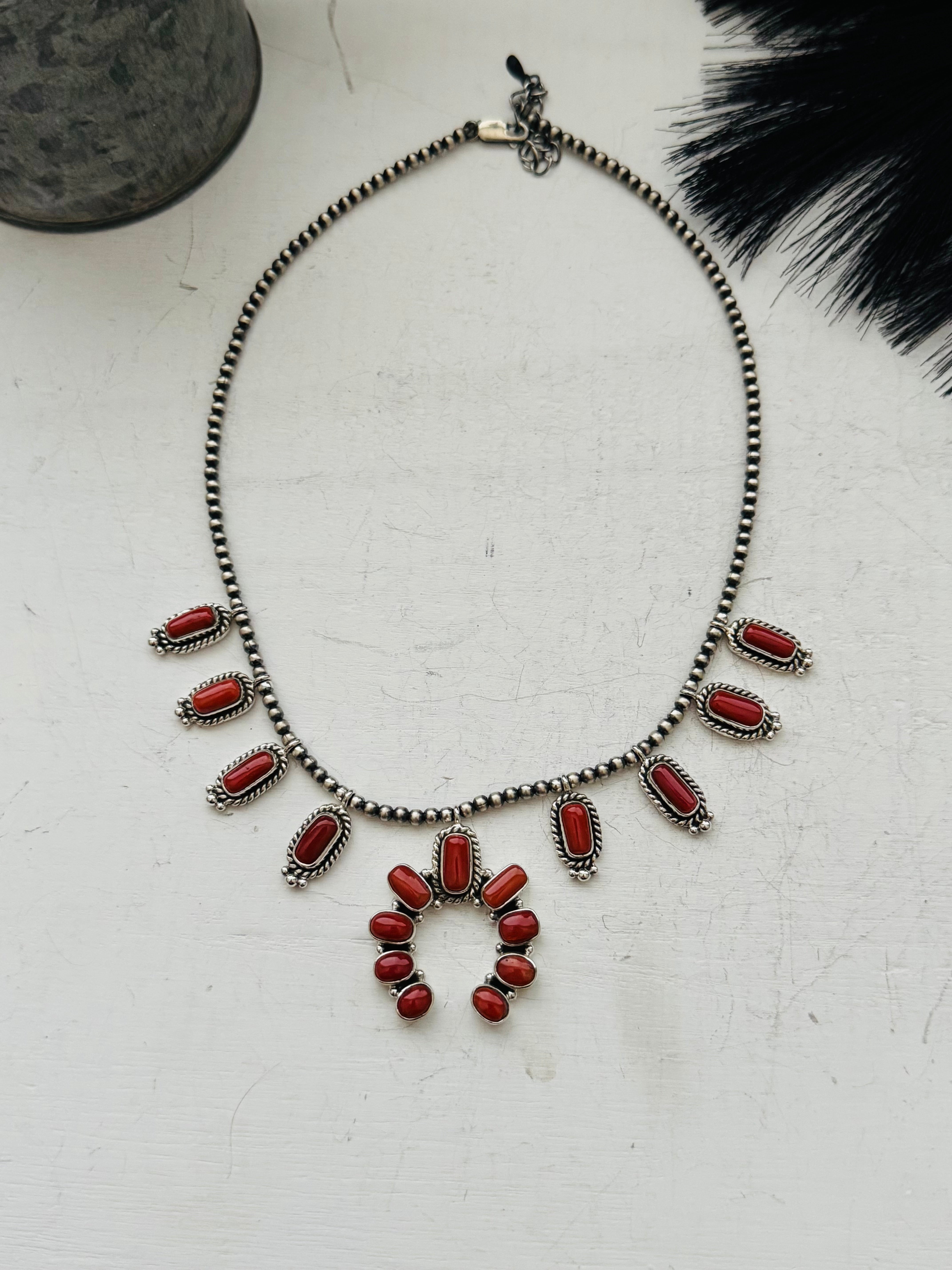 Southwest Handmade Coral & Sterling Silver Naja Necklace