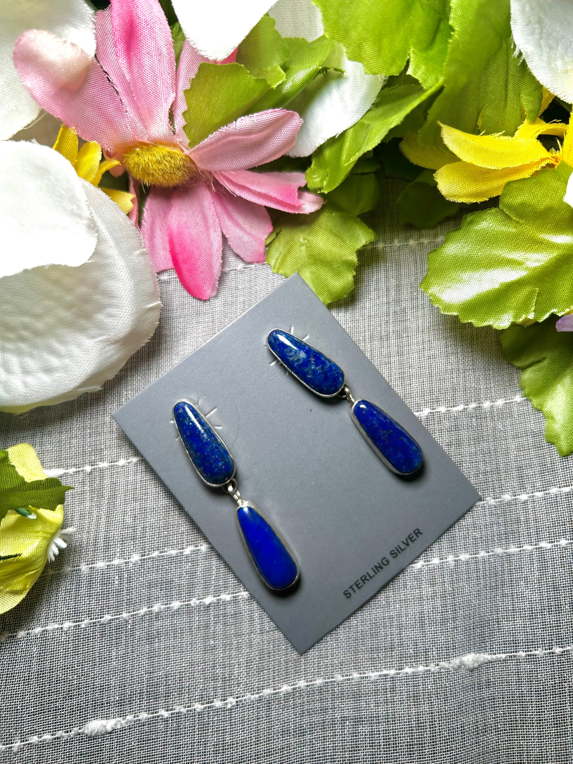 Navajo Made Lapis  & Sterling Silver Post Dangle Earrings