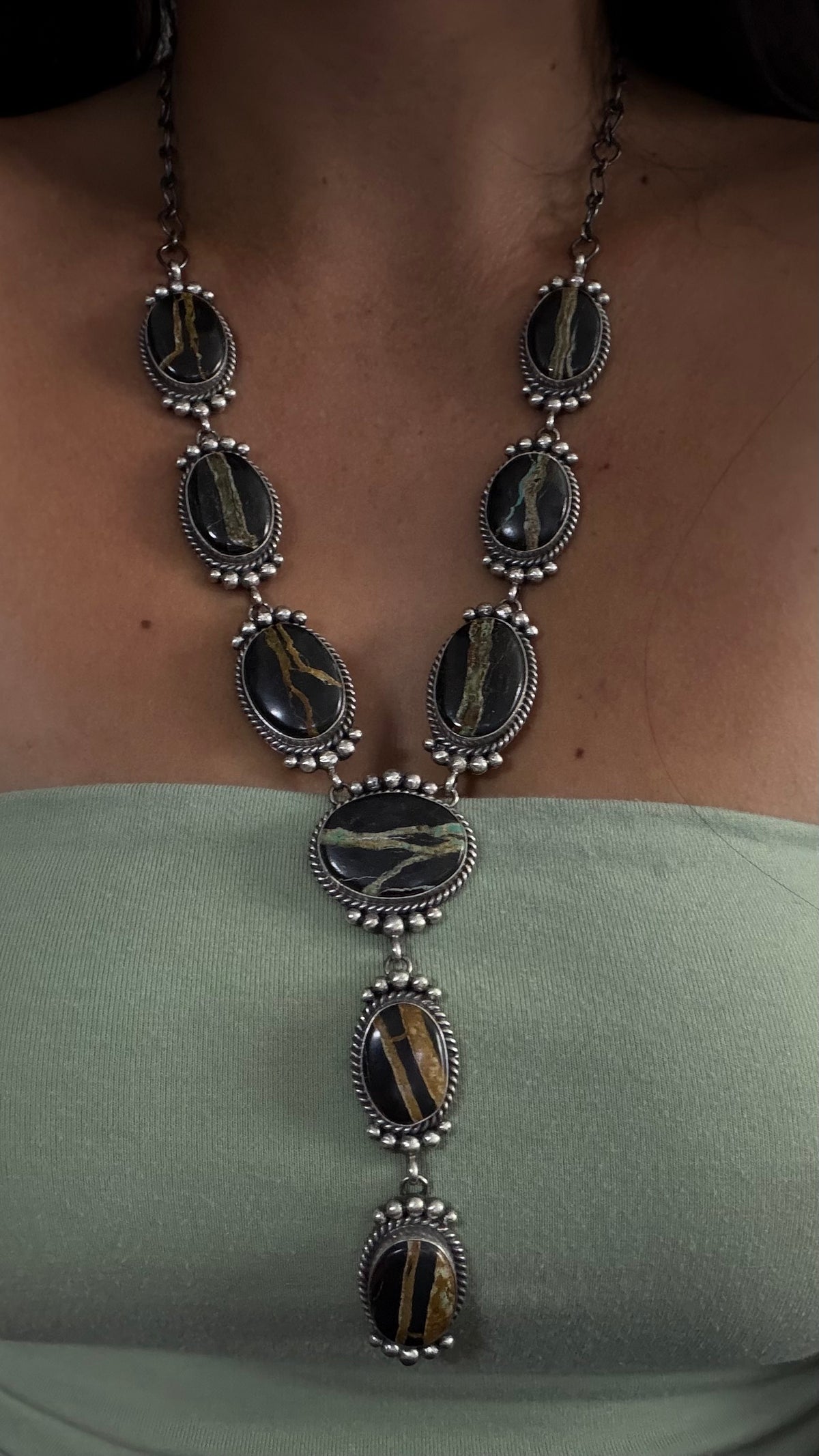 Mary Ann Spencer Black Turquoise & Sterling Silver Necklace Set