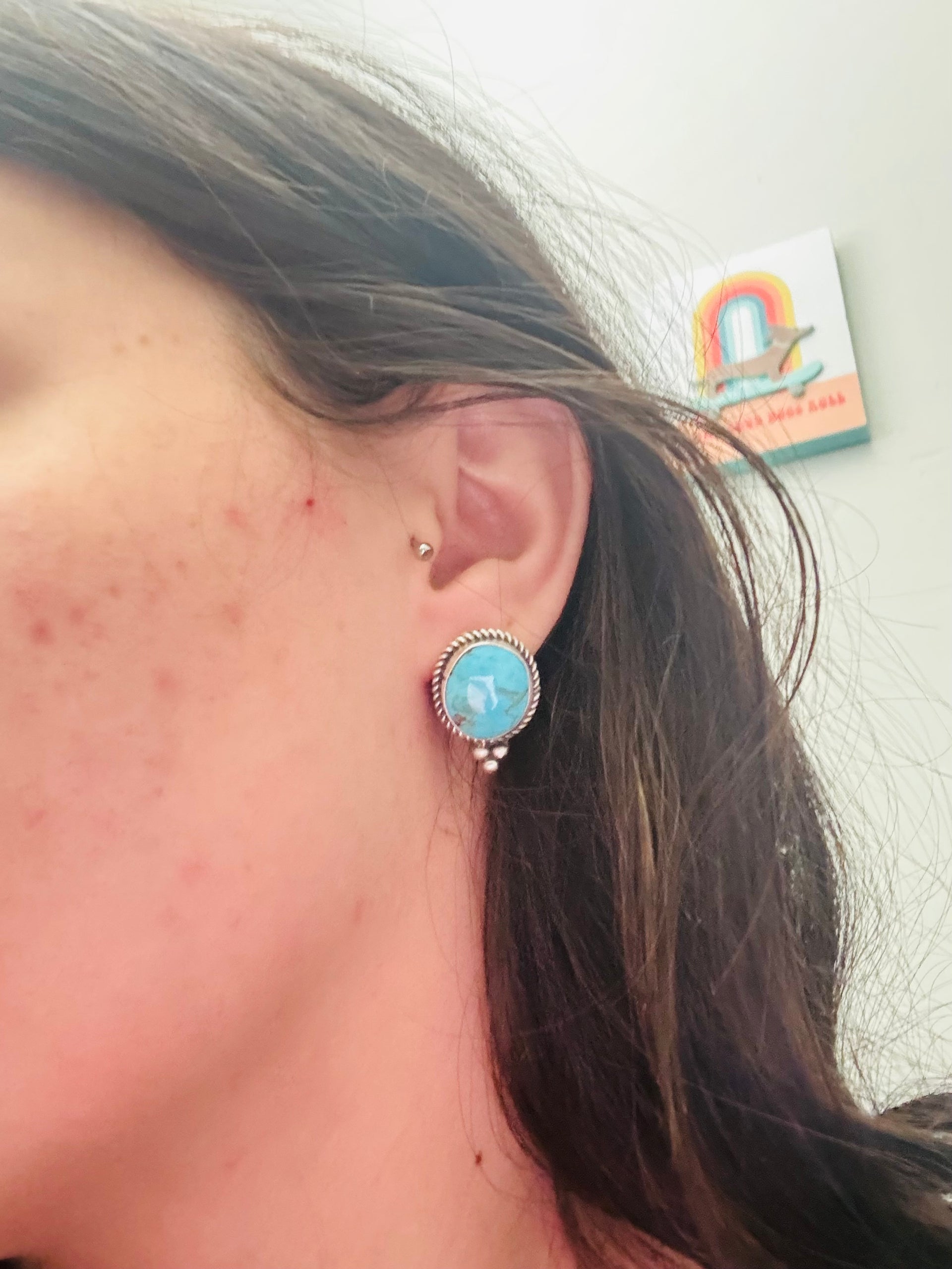 Navajo Made Kingman Turquoise & Sterling Silver Post Earrings