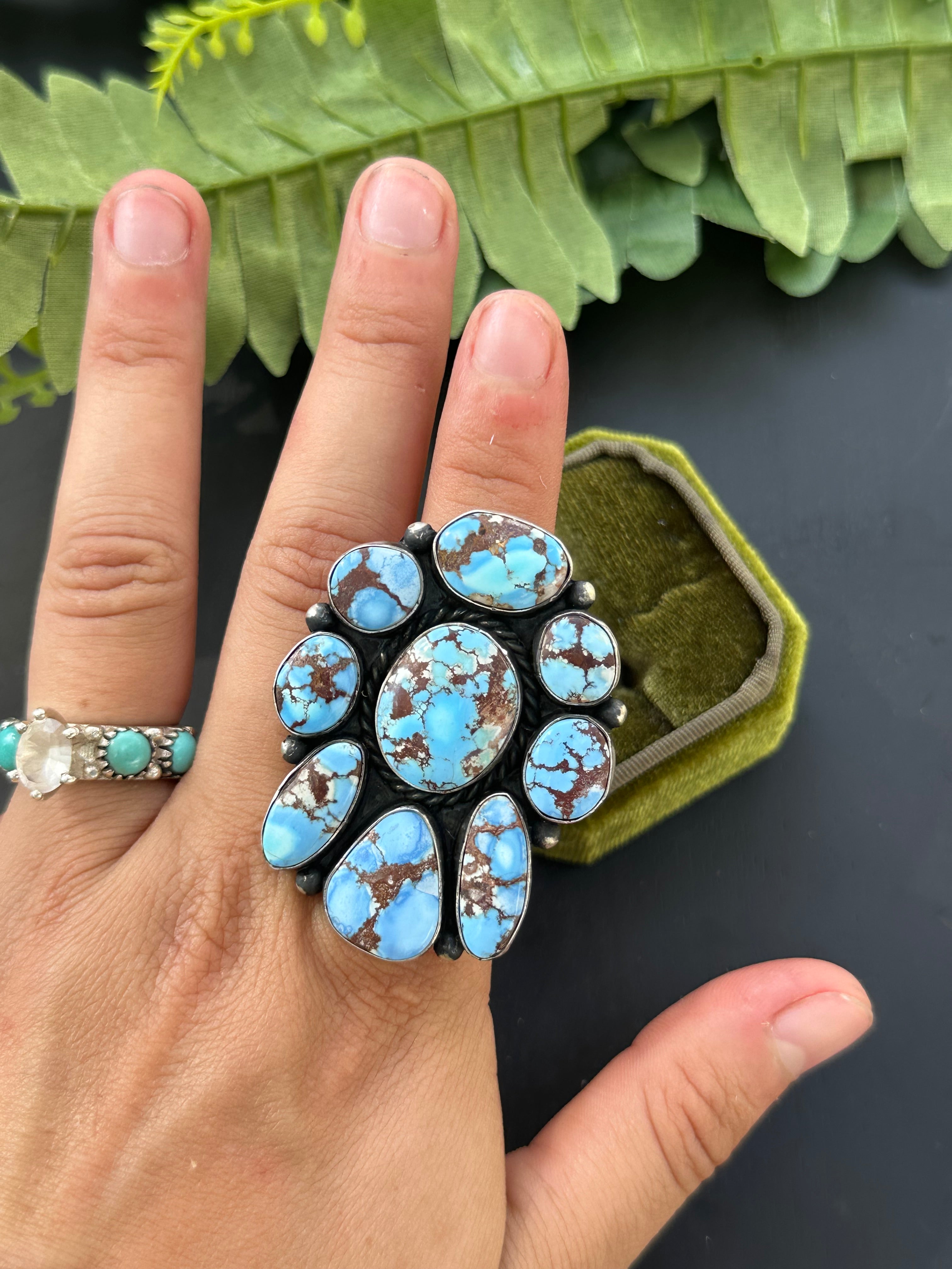 Navajo Made Golden Hills Turquoise & Sterling Silver Cluster Ring Size 7.75