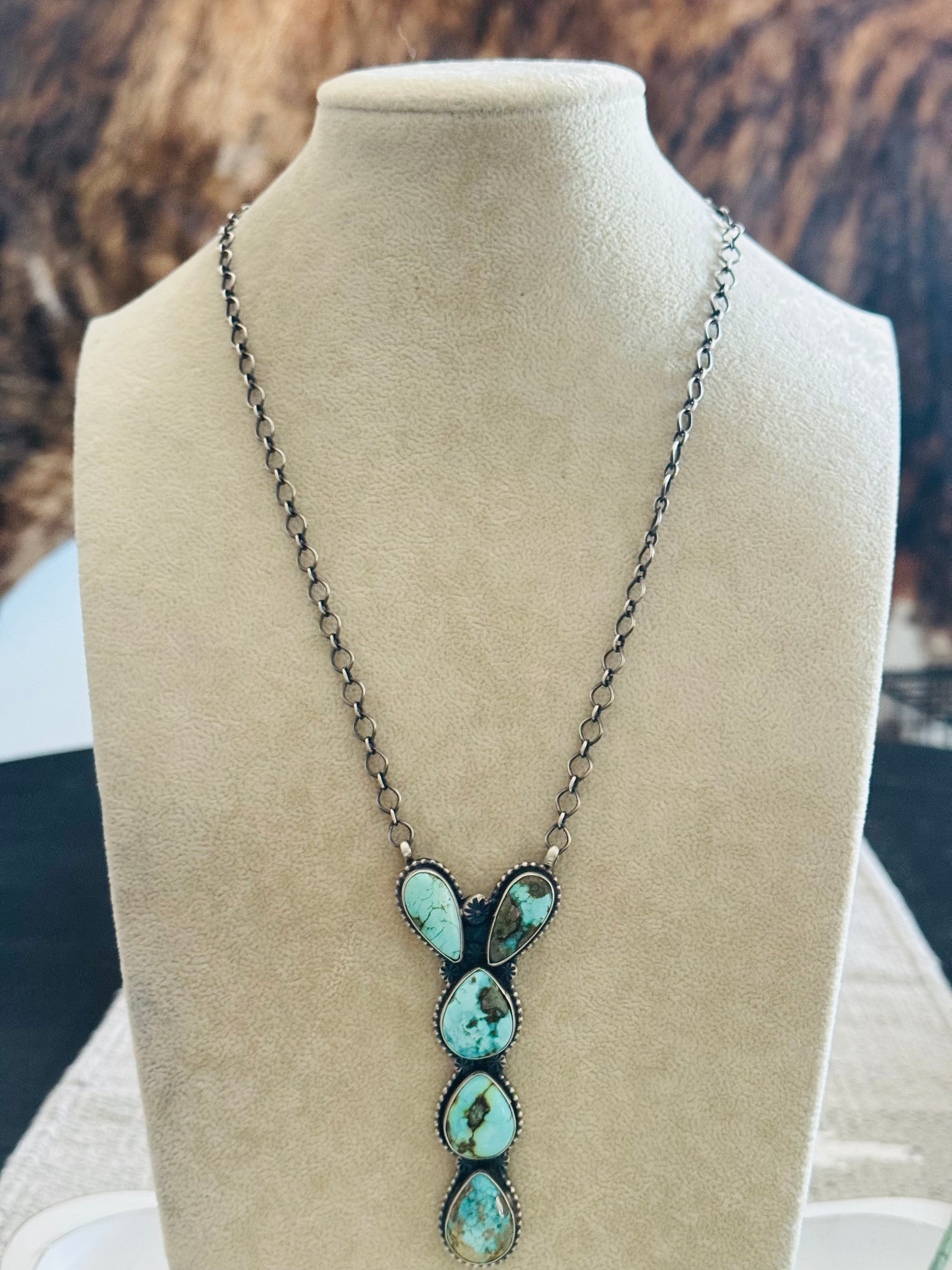 Navajo Made Royston Turquoise & Sterling Silver Cluster Necklace