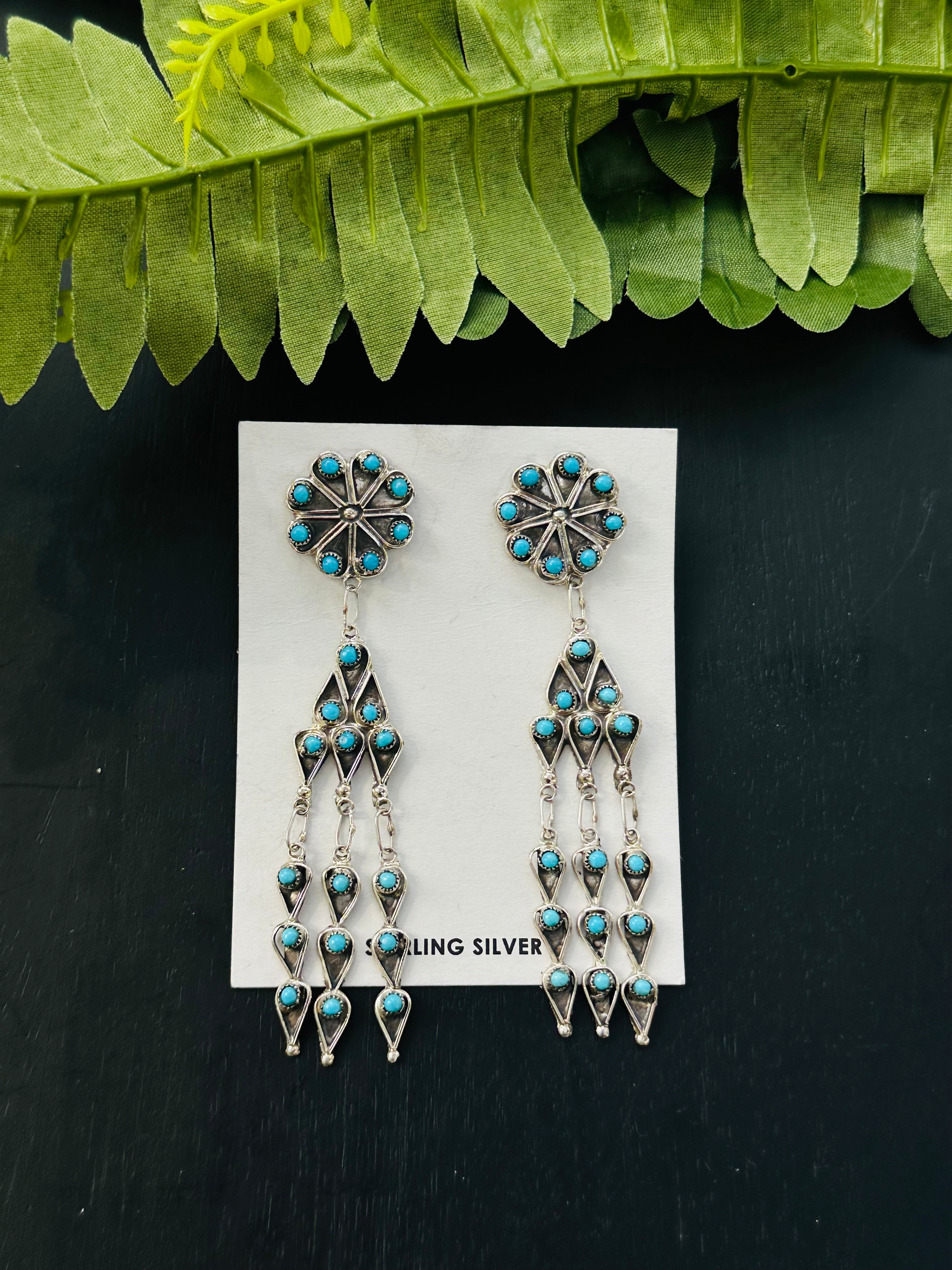 Zuni Made Turquoise Petite Point & Sterling Silver Post Dangle Earrings