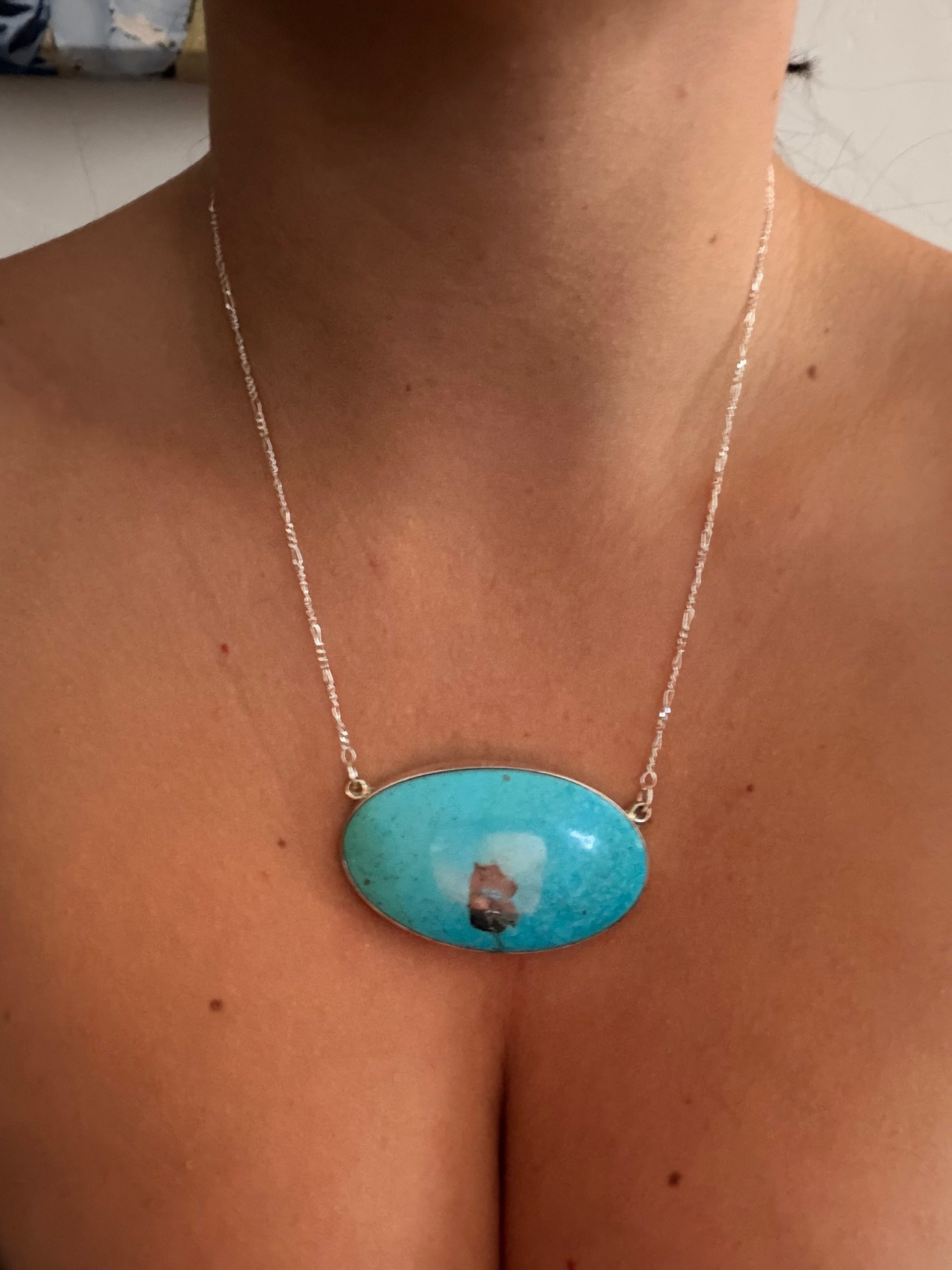Navajo Made Kingman Turquoise & Sterling Silver Bar Necklace