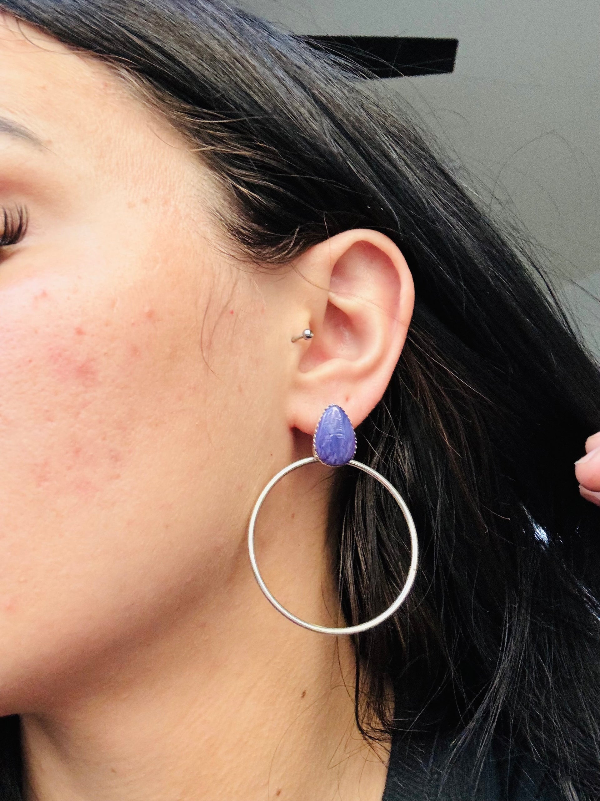 Navajo Charoite & Sterling Silver Post Dangle Earrings