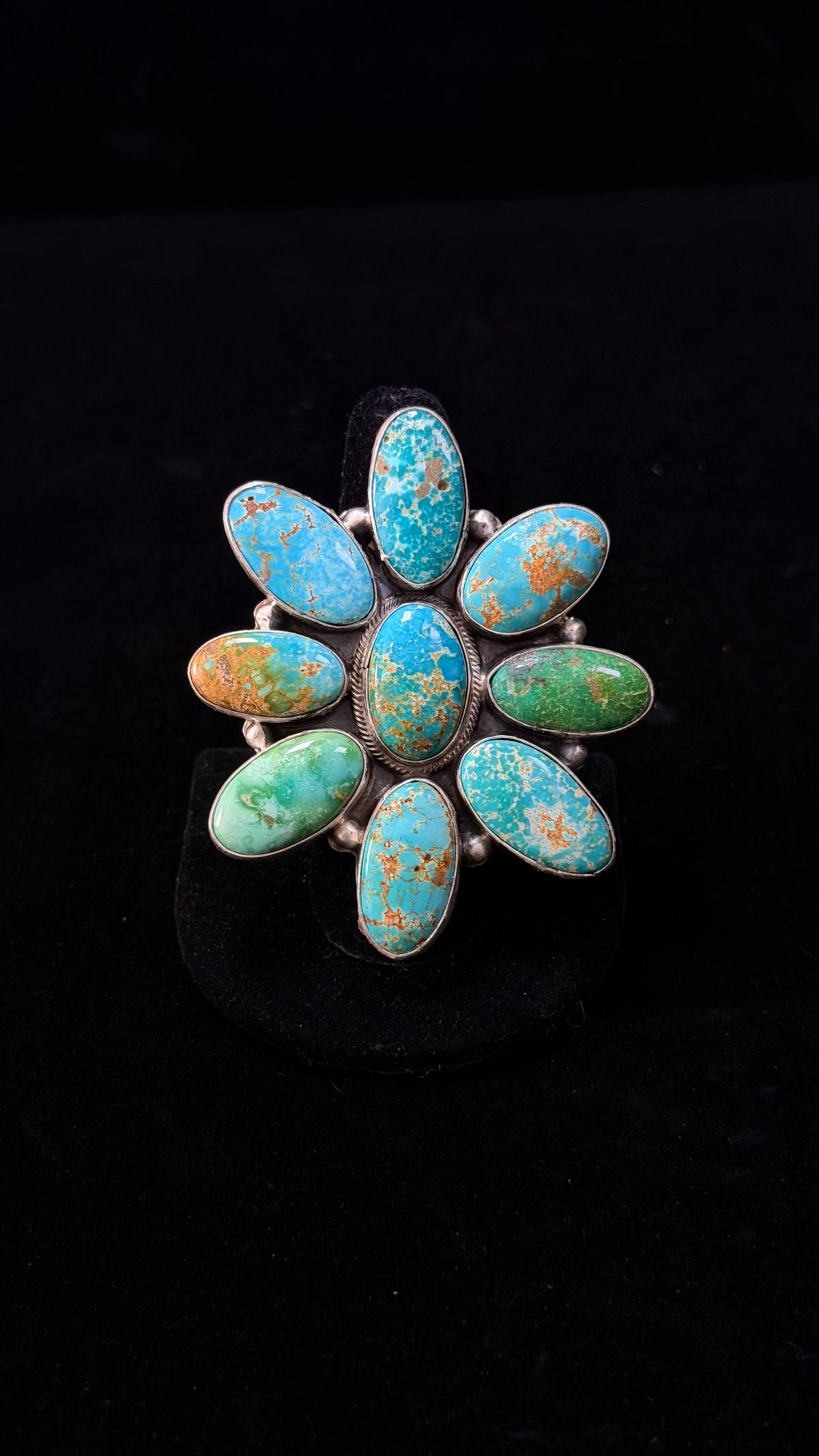 Arlene Begay Sonoran Mountain Turquoise & Sterling Sliver Cluster Ring Size 8.5