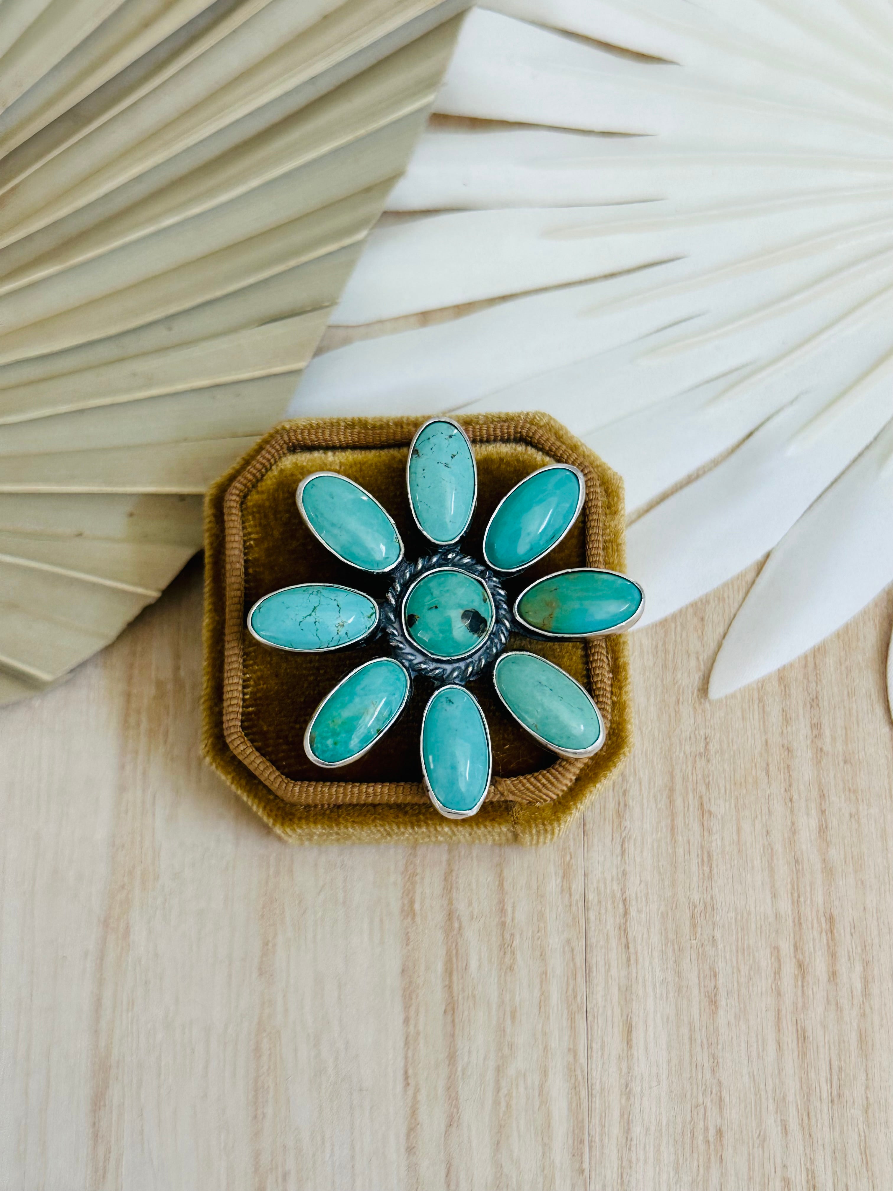 Navajo Made Kingman Turquoise & Sterling Silver Adjustable Cluster Ring