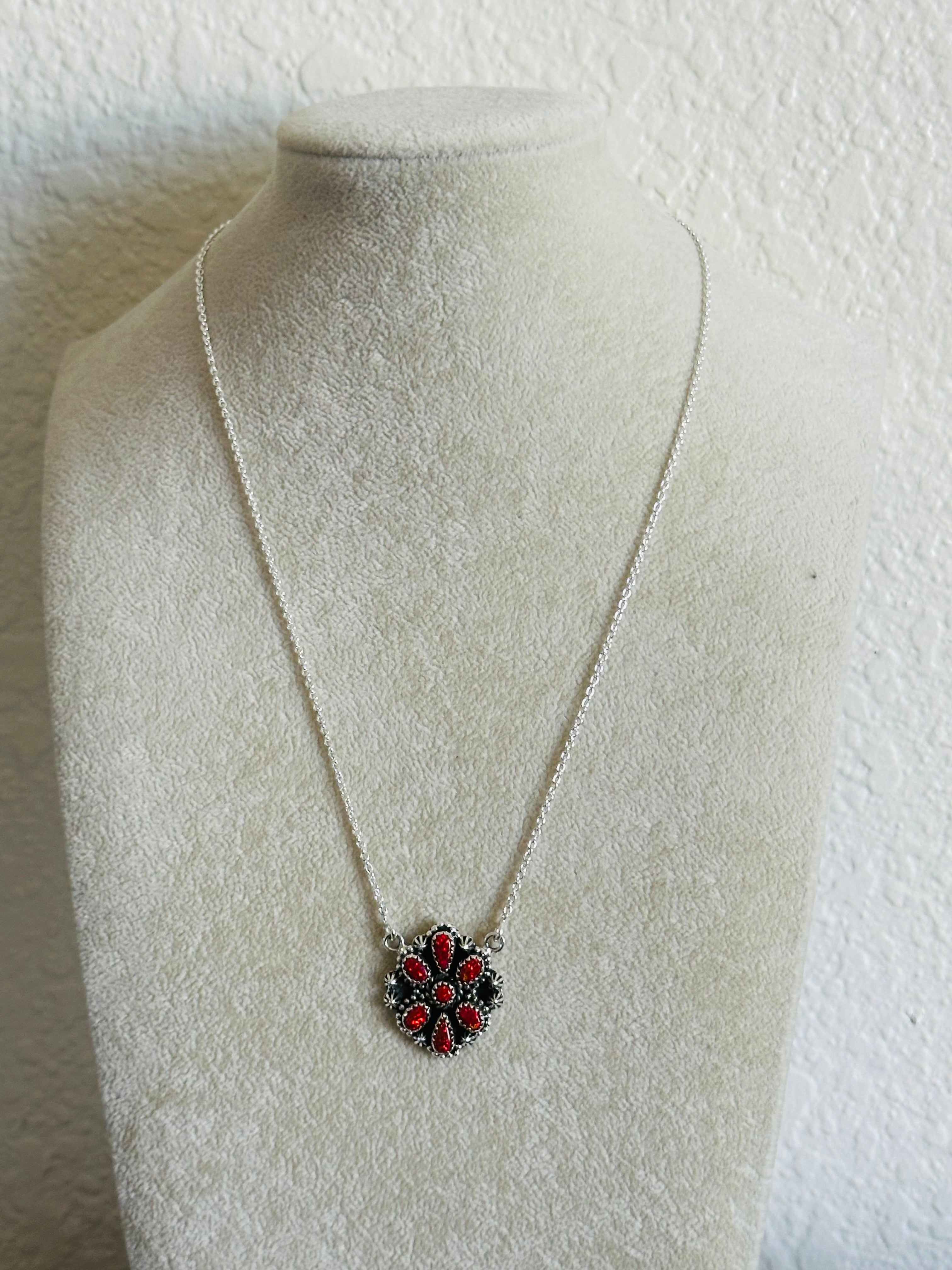 TTD “Sky Cascade” Red Opal & Sterling Silver Cluster Necklace