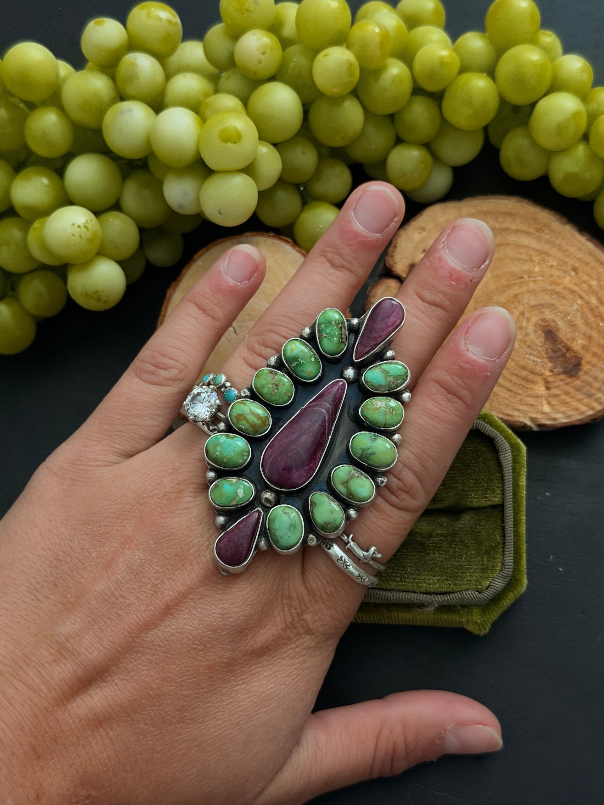 Ella Peters Navajo Made Multi Stone & Sterling Silver Cluster Ring Size 9.5