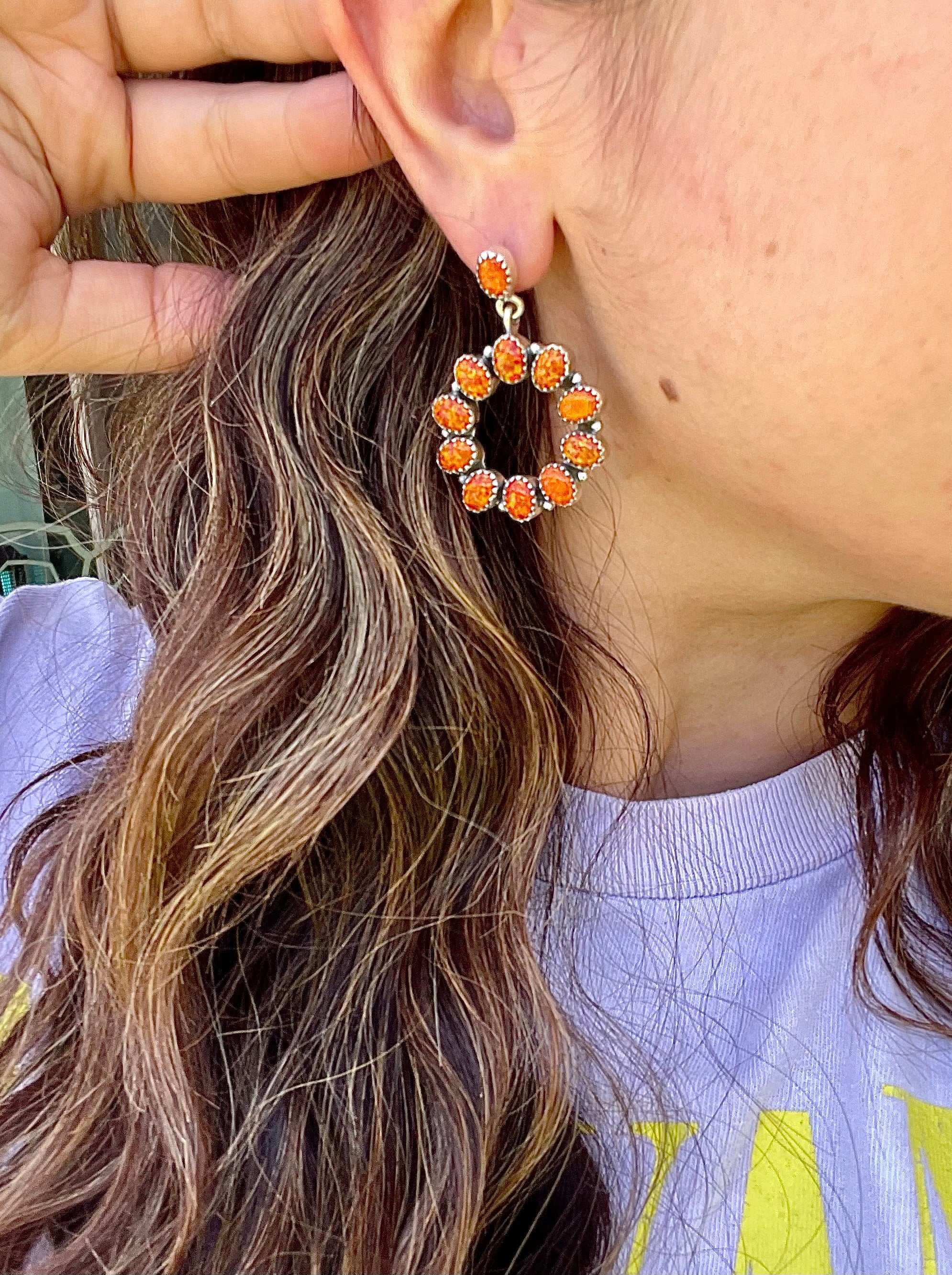 Southwest Handmade Orange Opal Post Circle Earrings