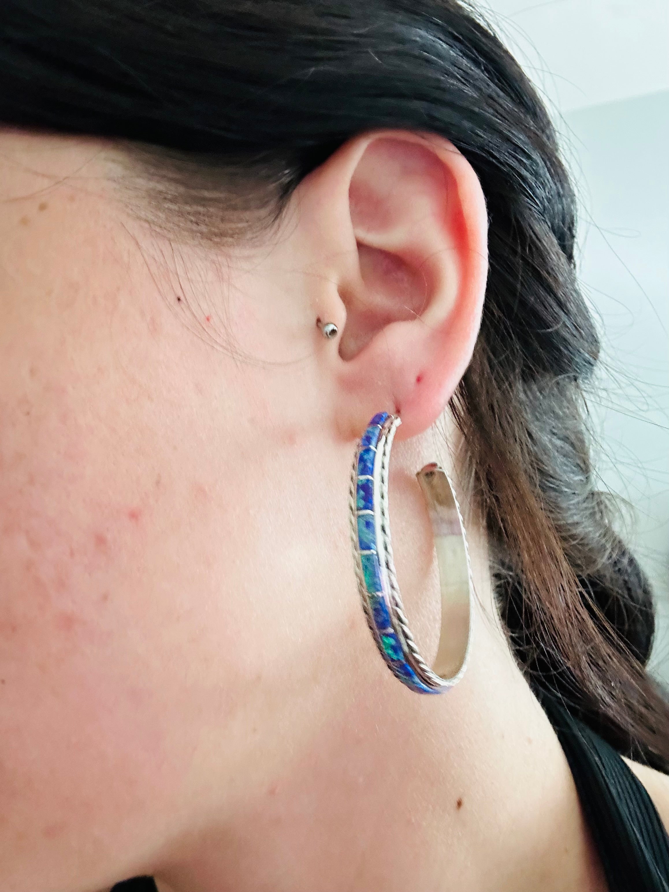 Navajo Made Opal & Sterling Silver Hoop Earrings