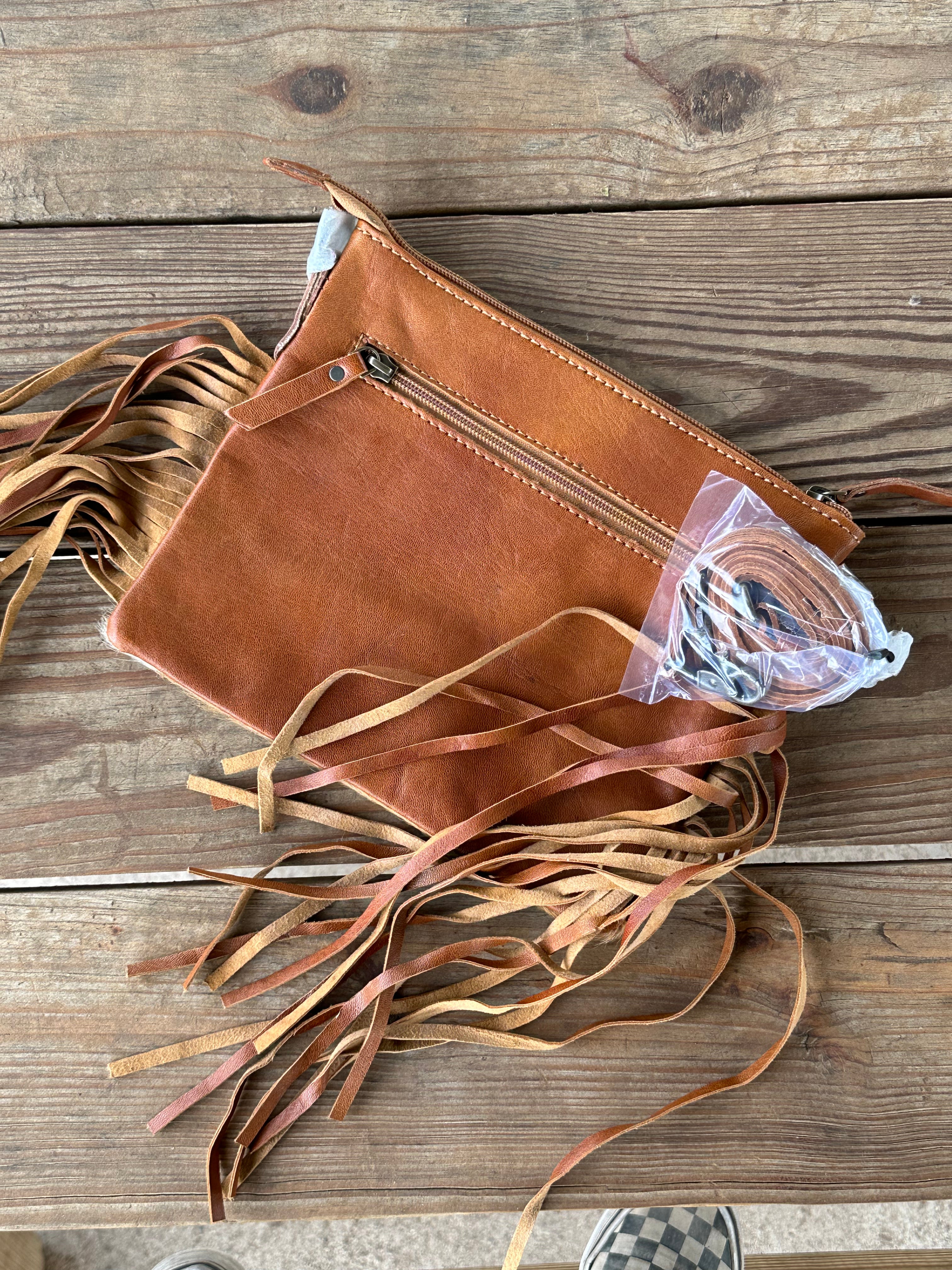 Genuine Leather Cowhide Tooled Cross Body Fringe Purse