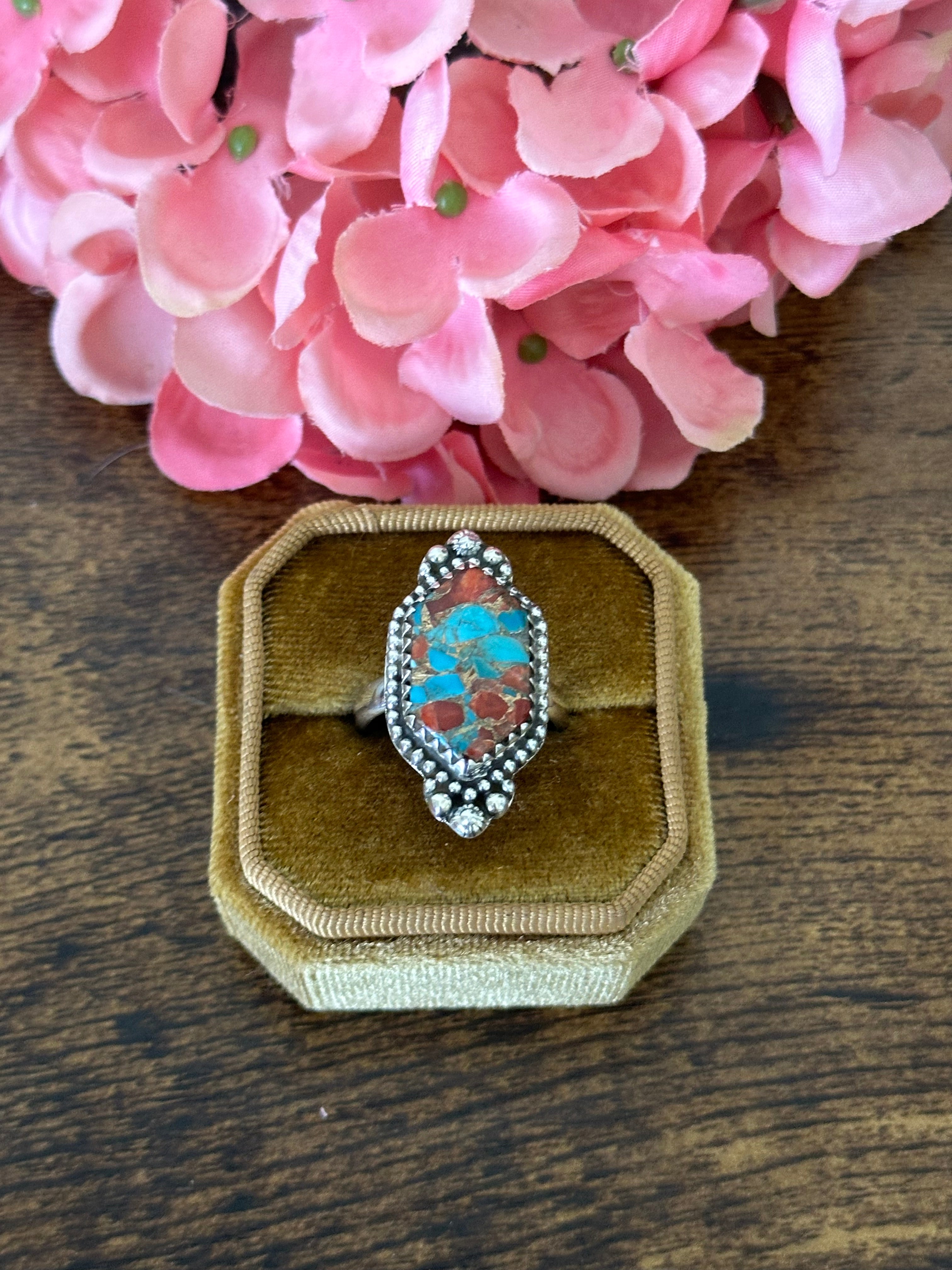 Southwest Handmade Red Mohave Turquoise & Sterling Silver Ring Size 8.25