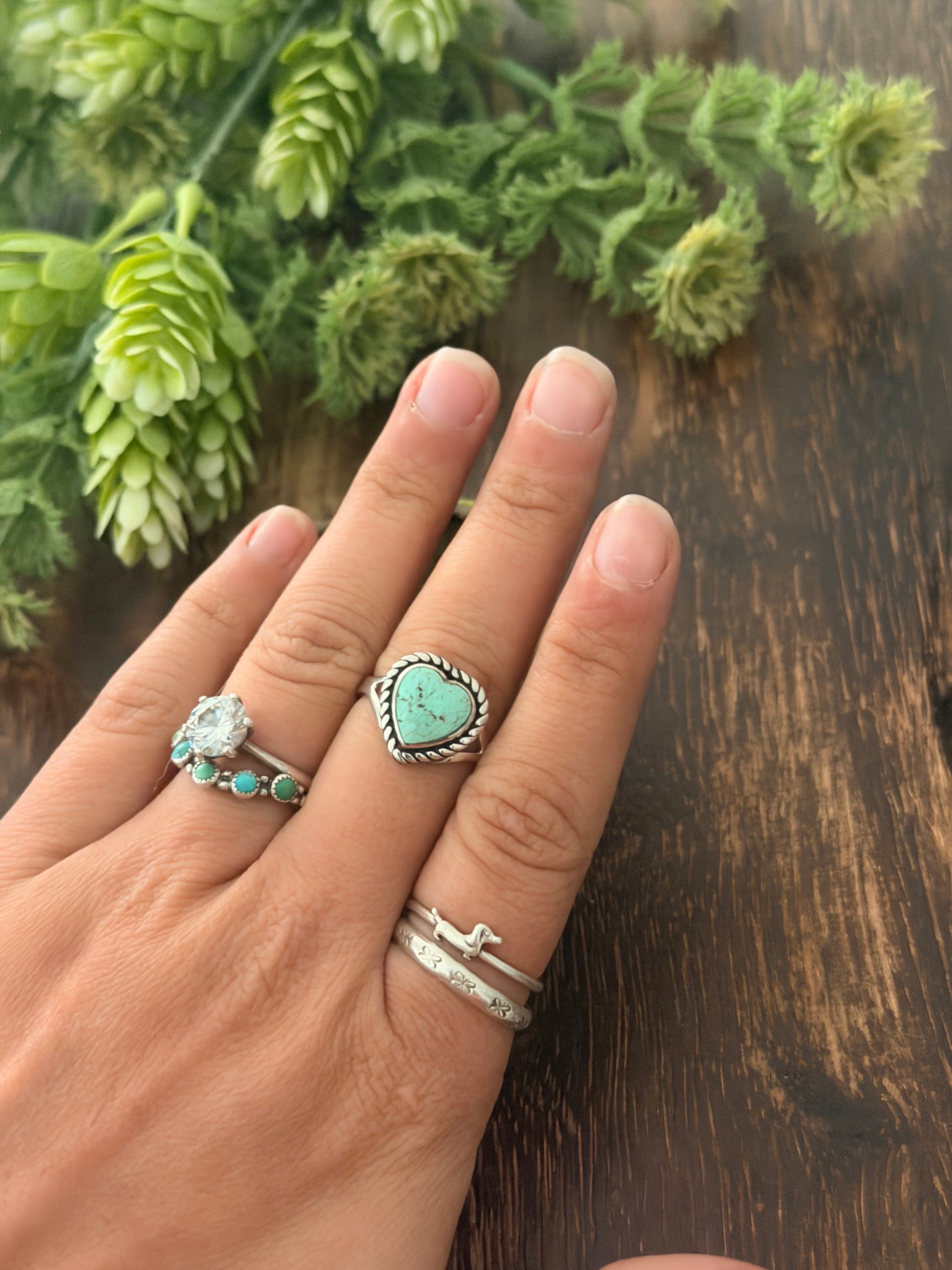Navajo Made Kingman Turquoise & Sterling Silver Ring Heart Size 8