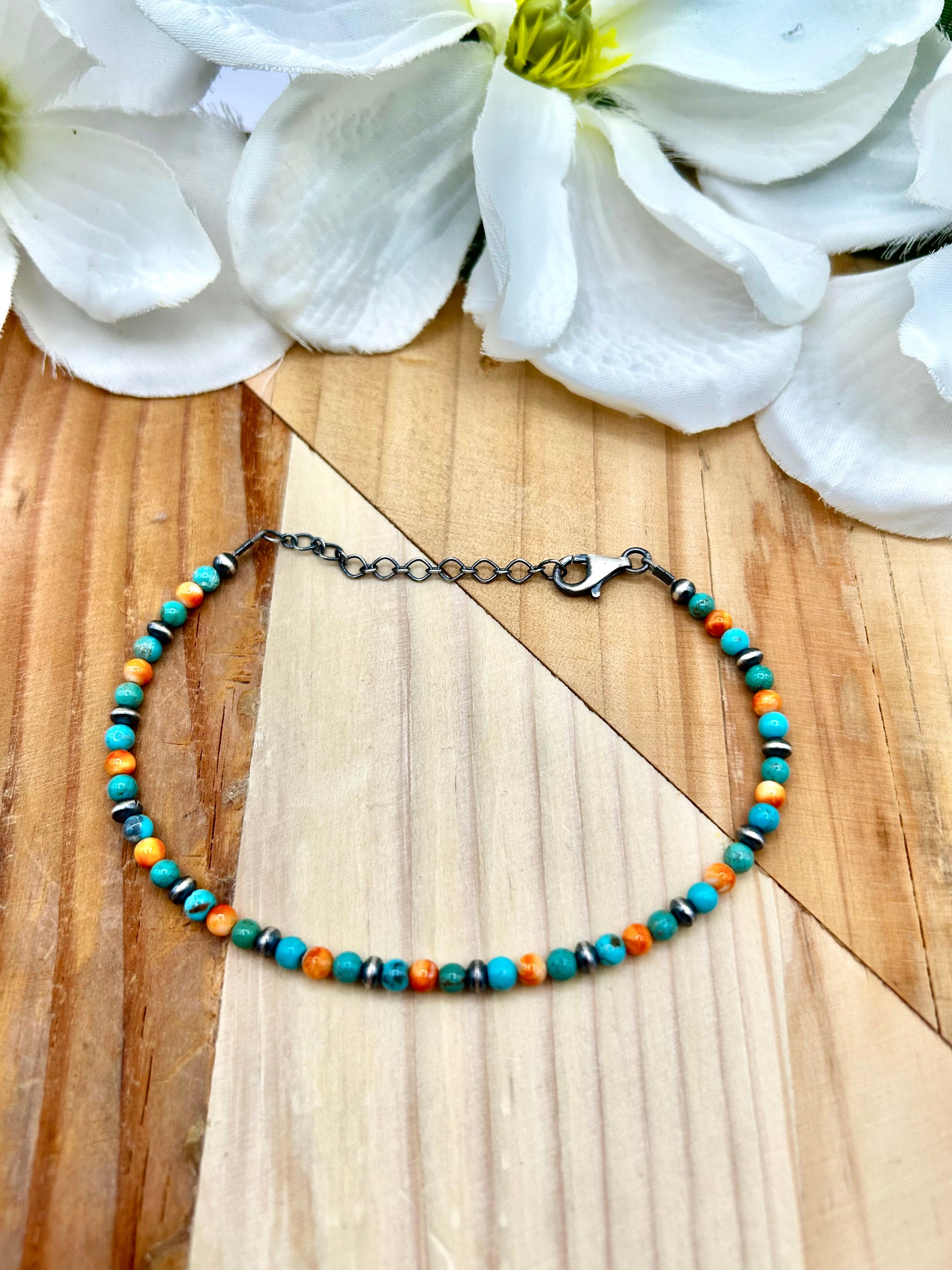 Navajo Made Multi Stone & Sterling Silver Strung Anklet