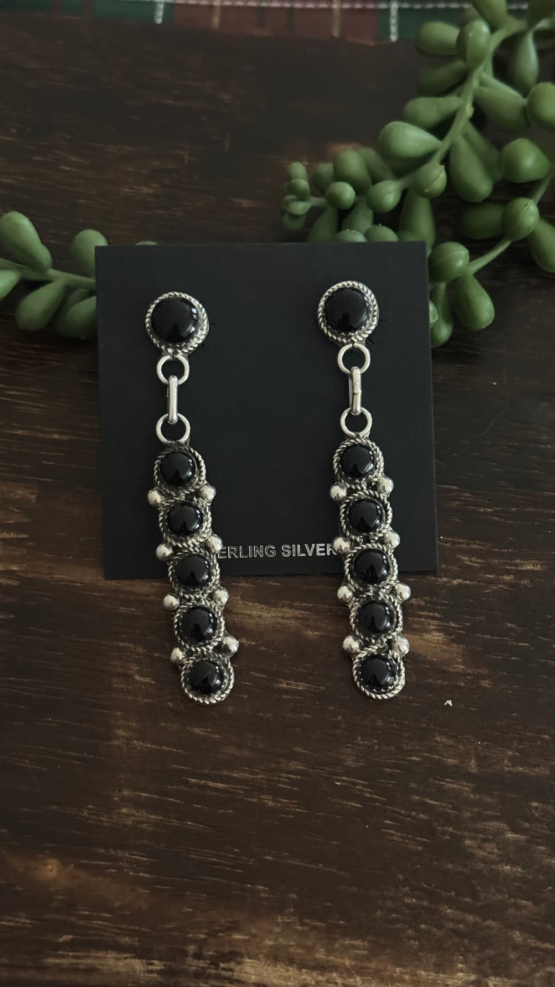 Navajo Made Onyx & Sterling Silver Post Dangle Earrings