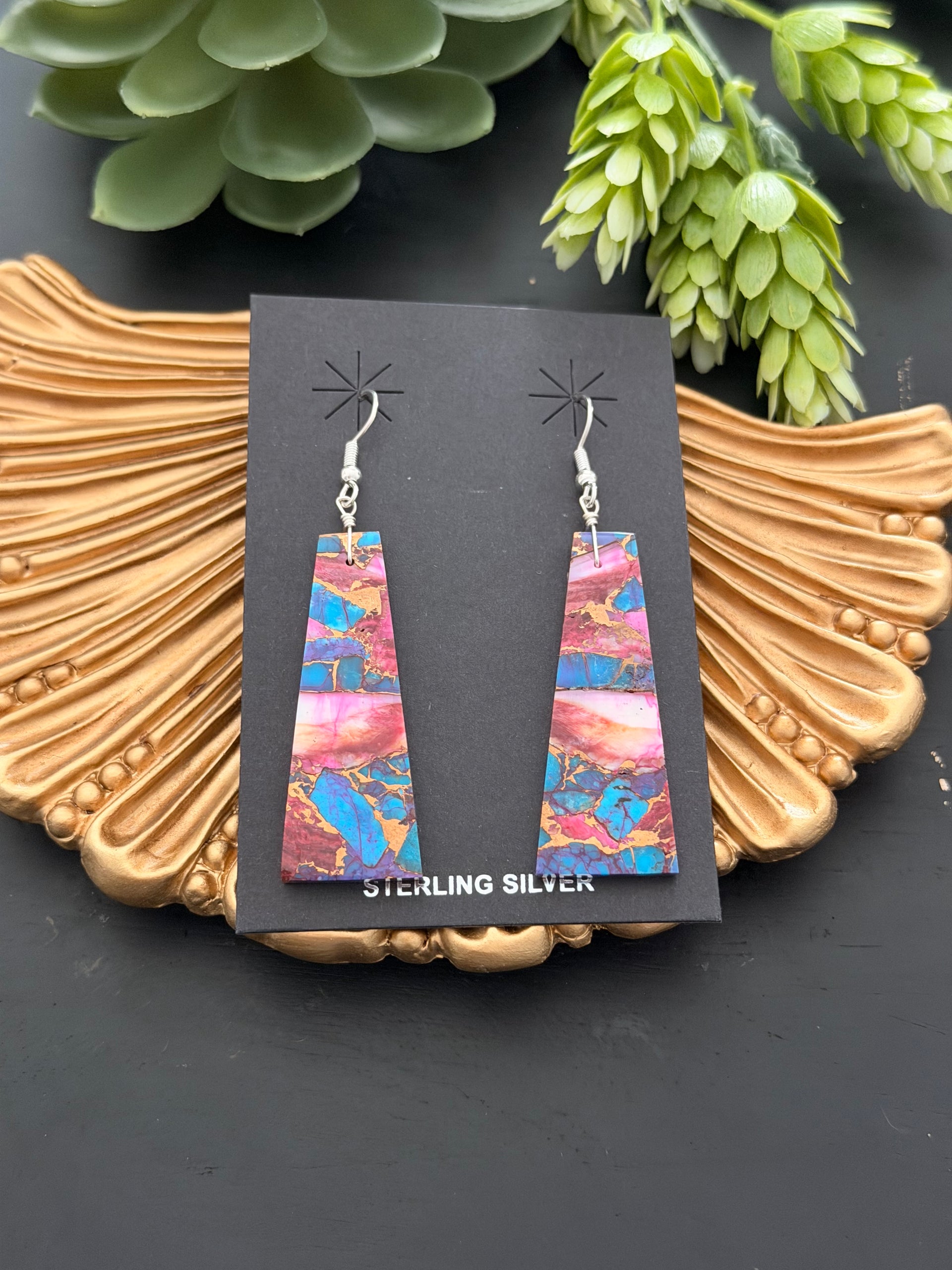 Navajo Made Purple/Pink Mohave Turquoise & Sterling Silver Slab Dangle Earrings
