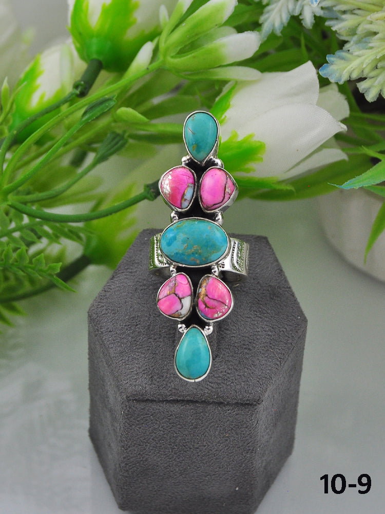 Southwest Made Multi Stone & Sterling Sliver Cluster Adjustable Ring