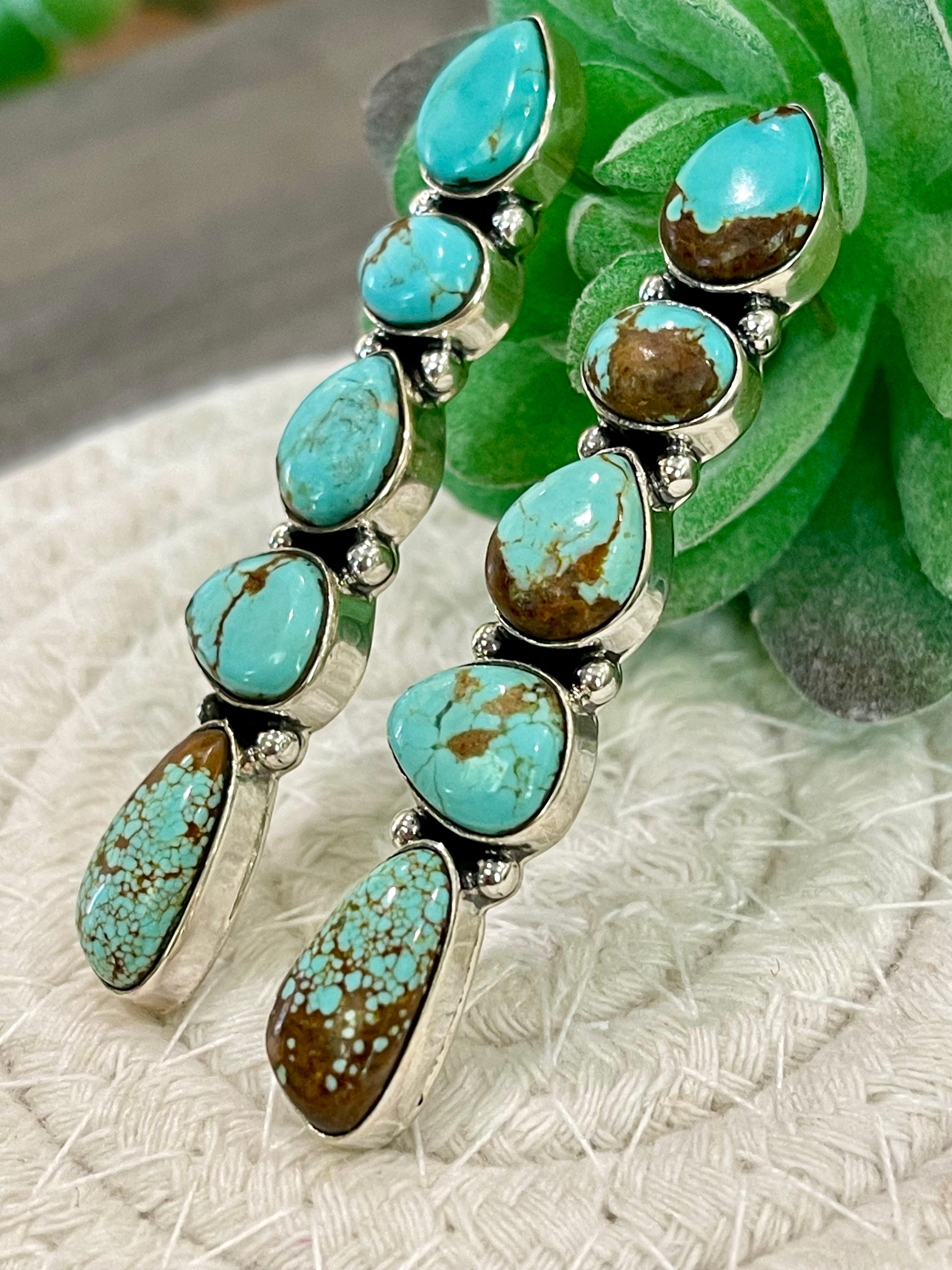 Southwest Handmade Number 8 Turquoise & Sterling Silver 5 Stone Post Earrings