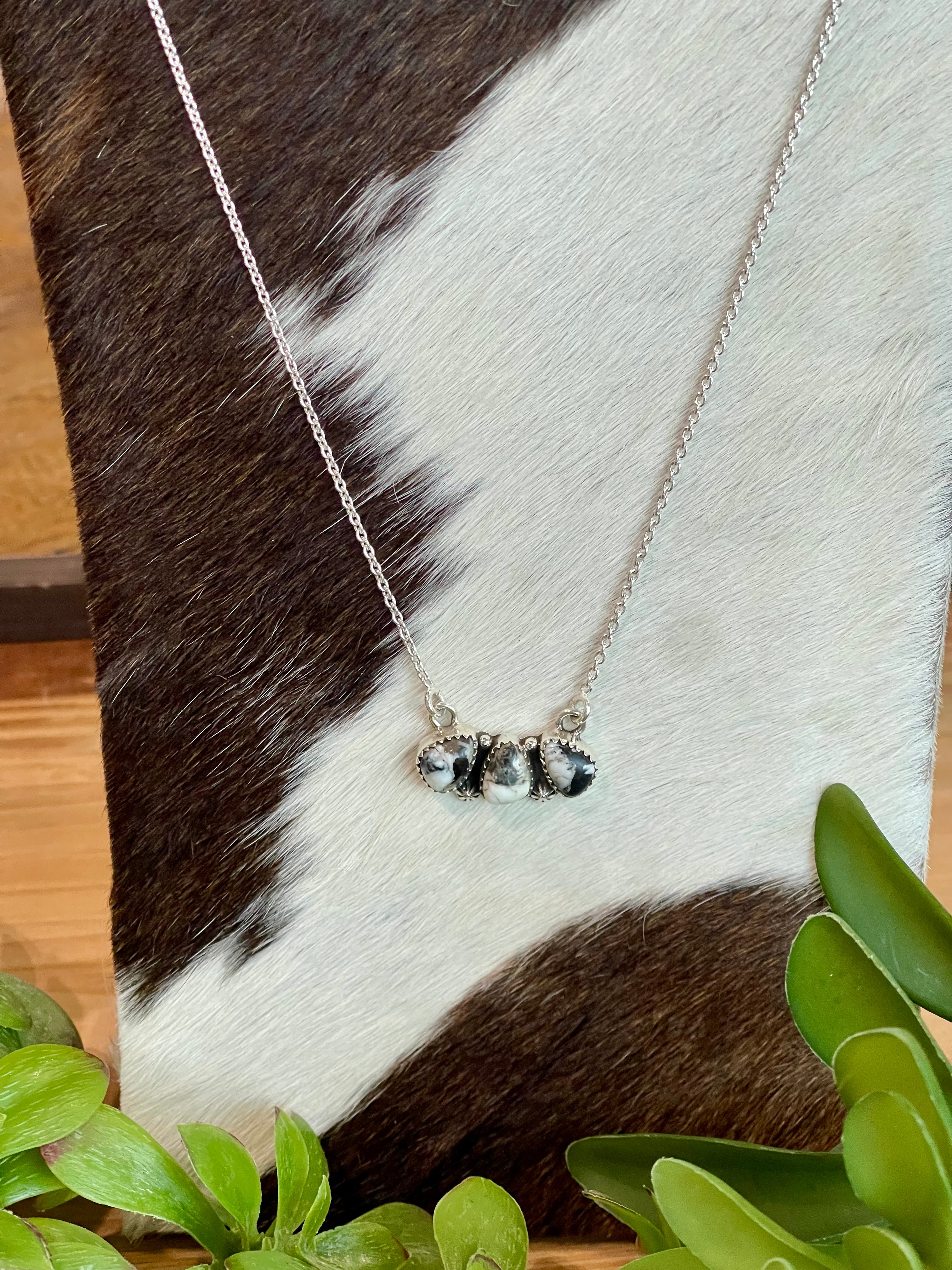 Southwest Handmade White Buffalo & Sterling Silver 3 Stone Necklace