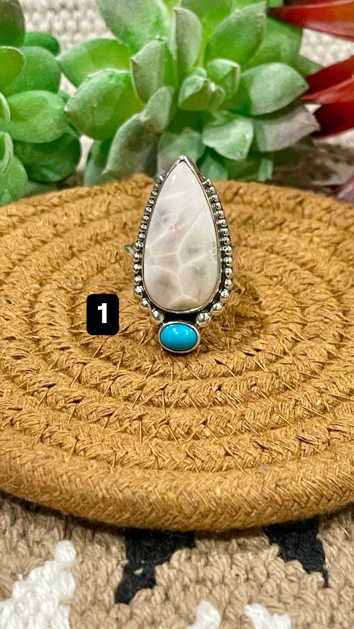 Southwest Handmade Pink Larimar With Kingman Turquoise & Sterling Silver Adjustable Ring