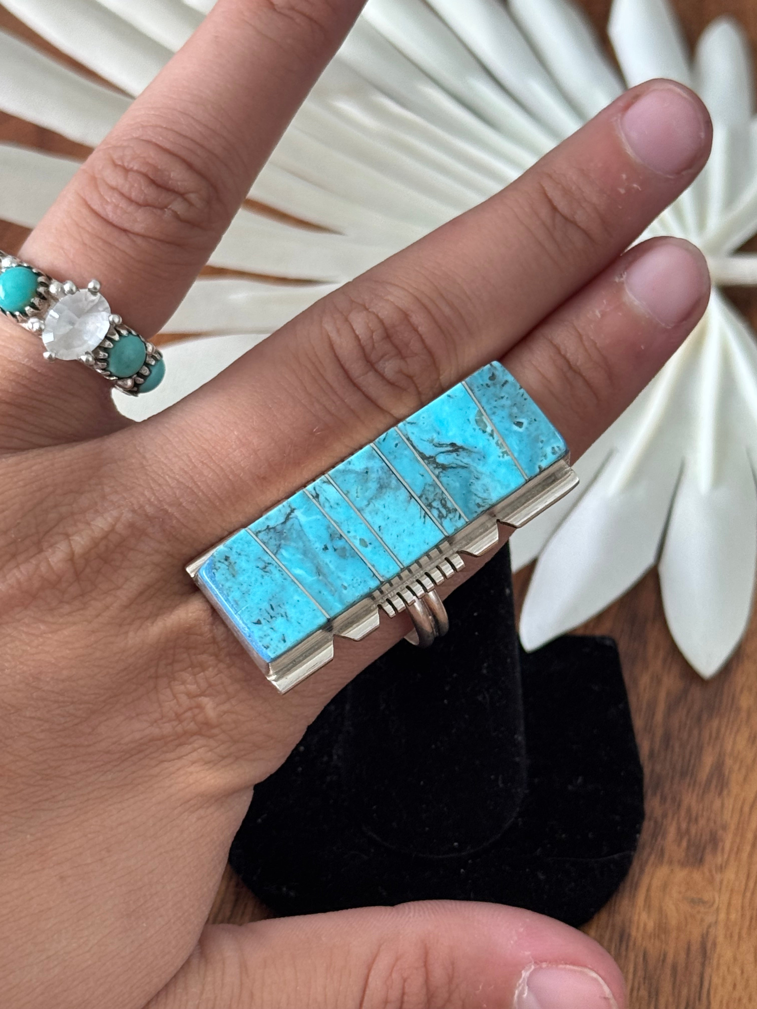 Navajo Made Kingman Turquoise & Sterling Silver Inlay Adjustable Ring