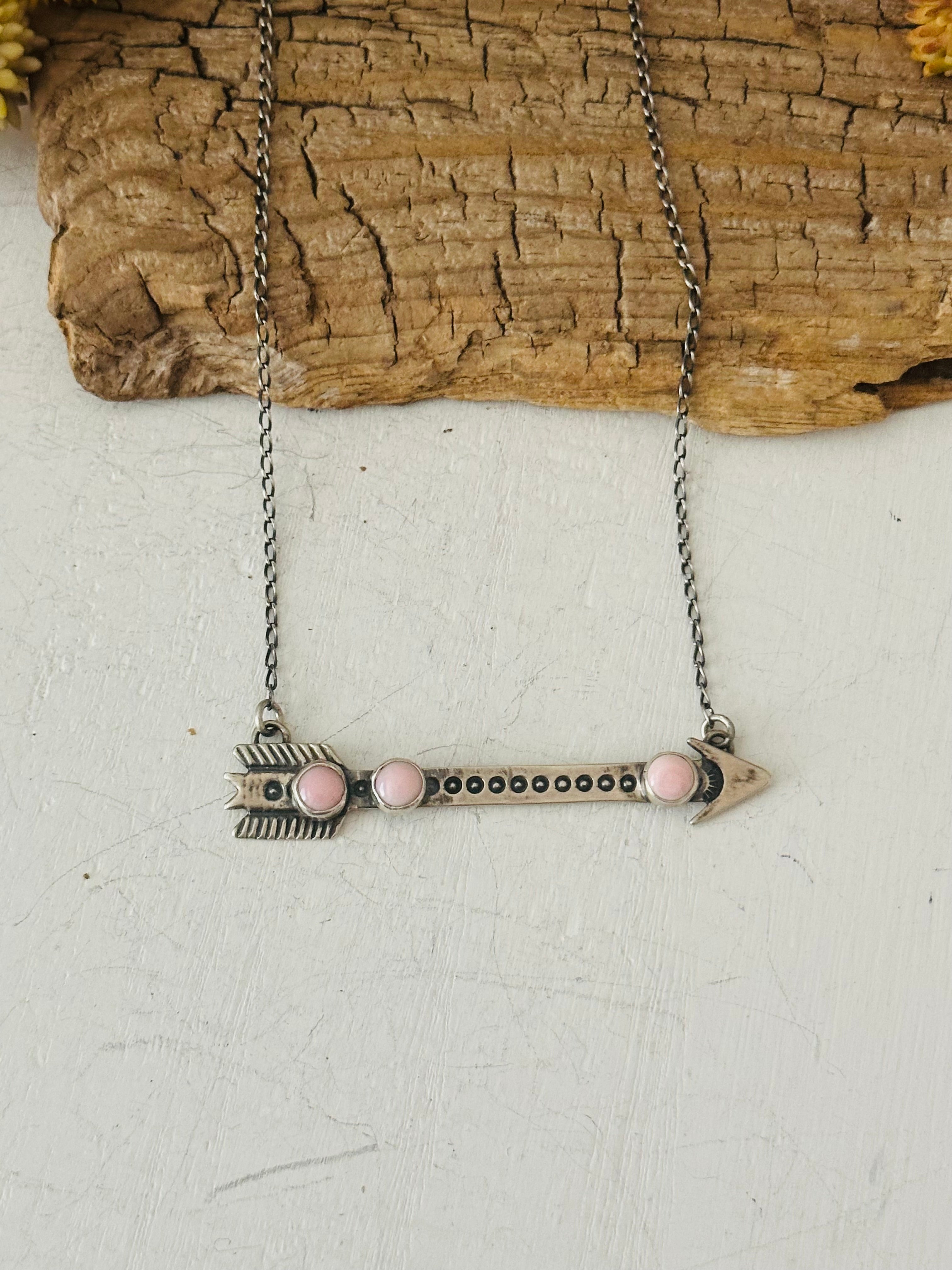 Navajo Made Pink Conch & Sterling Silver Arrow Necklace