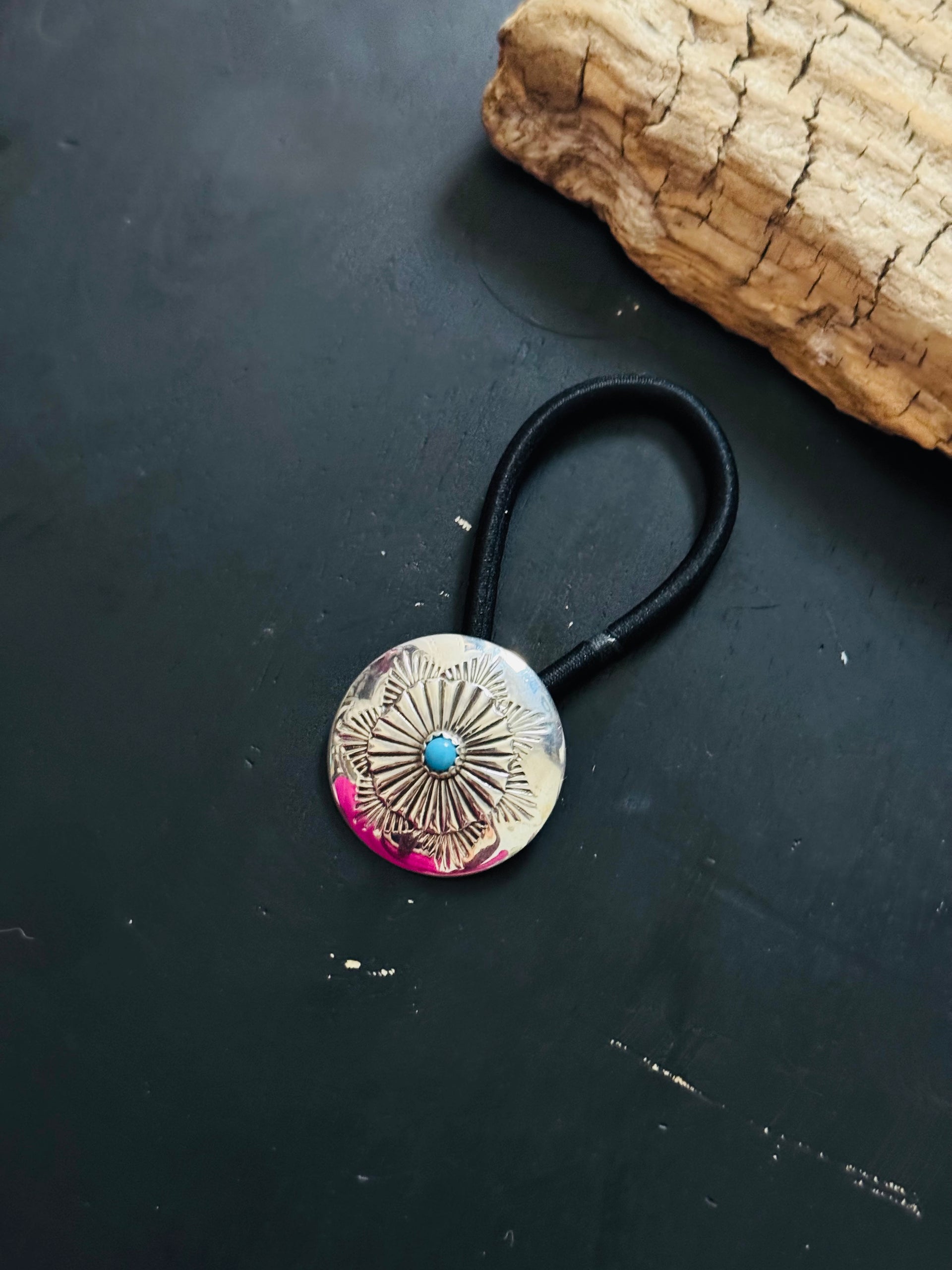 Navajo Made Kingman Turquoise & Sterling Silver Concho Ponytail Holder