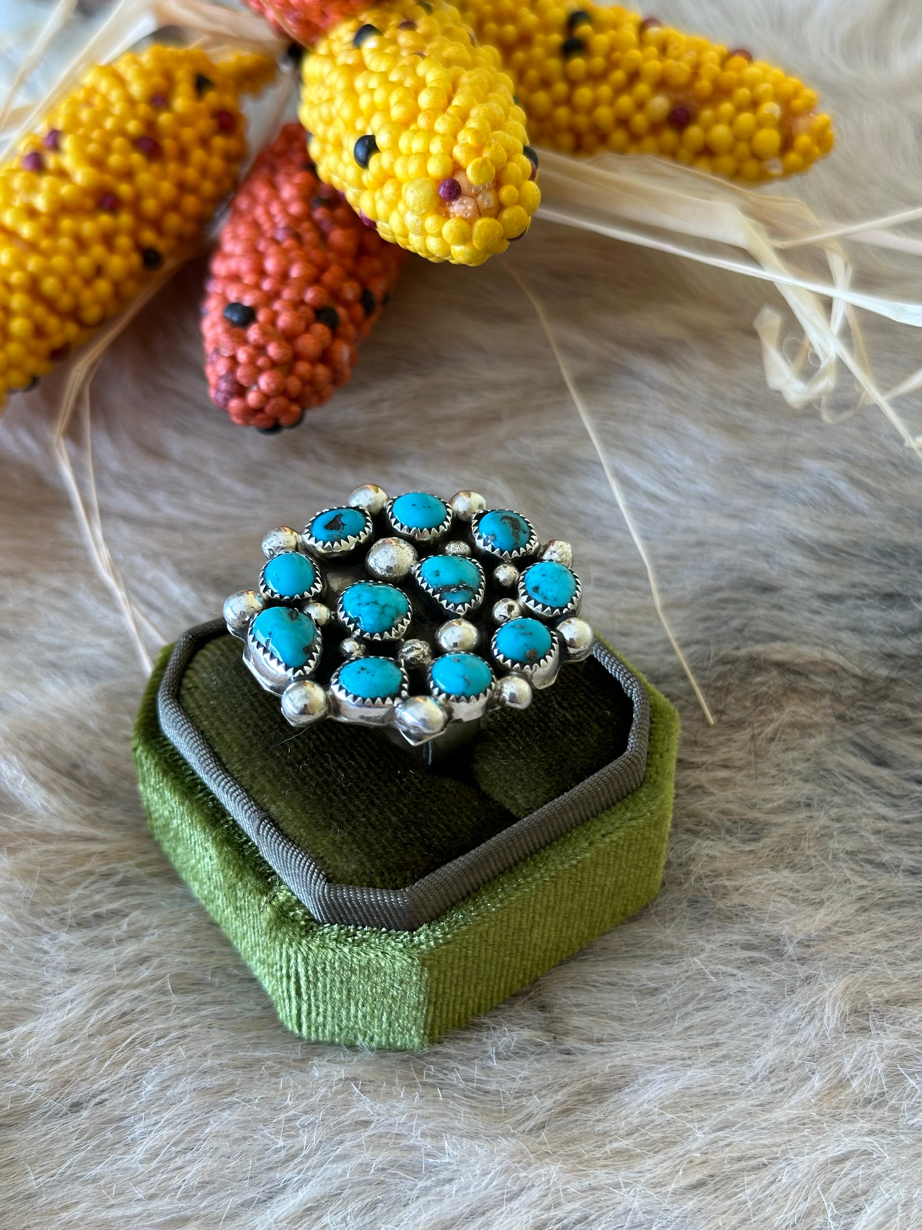 Darlene Begay Kingman Turquoise & Sterling Silver Ring Size 8