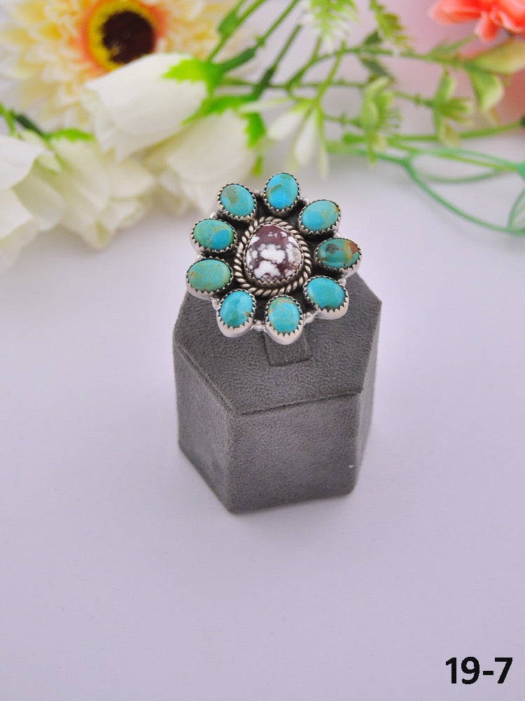 Southwest Made Multi Stone & Sterling Sliver Cluster Adjustable Ring
