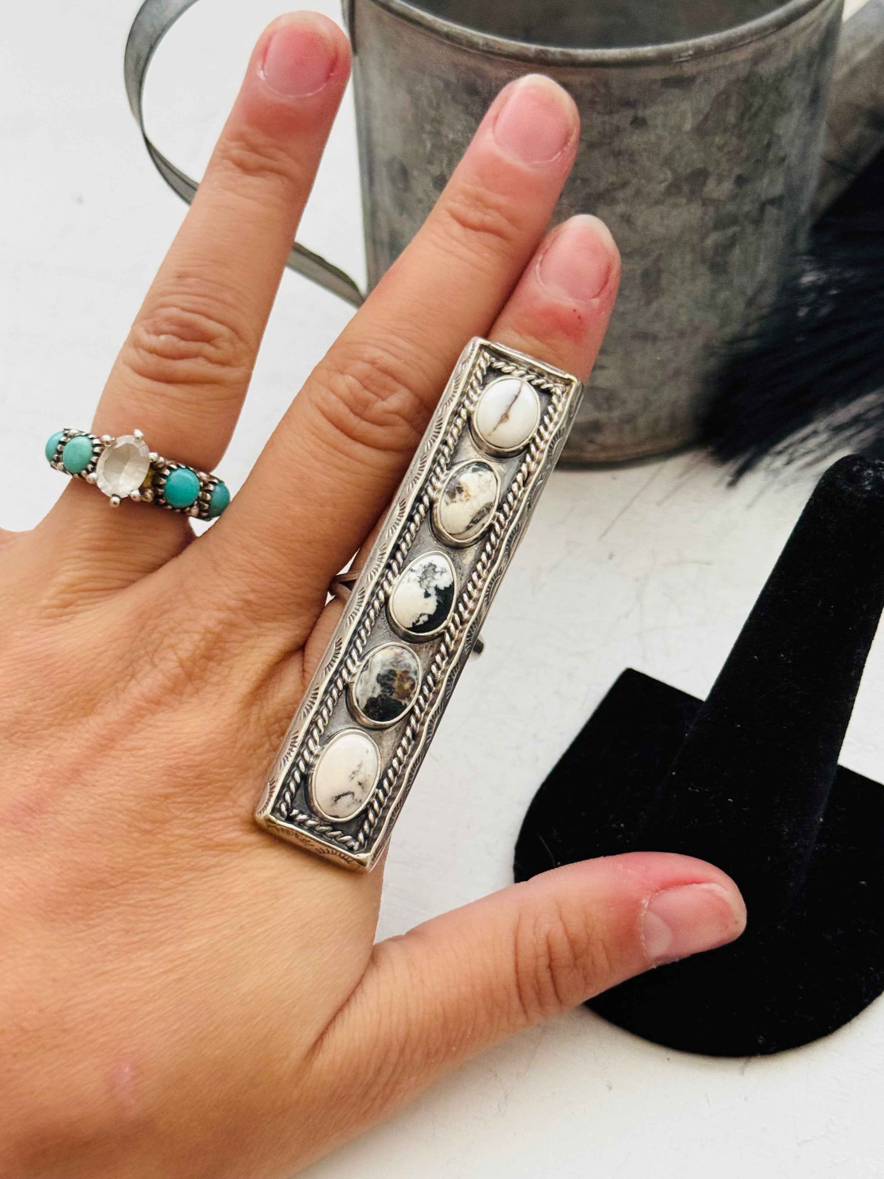 Navajo Made White Buffalo & Sterling Silver Adjustable Ring