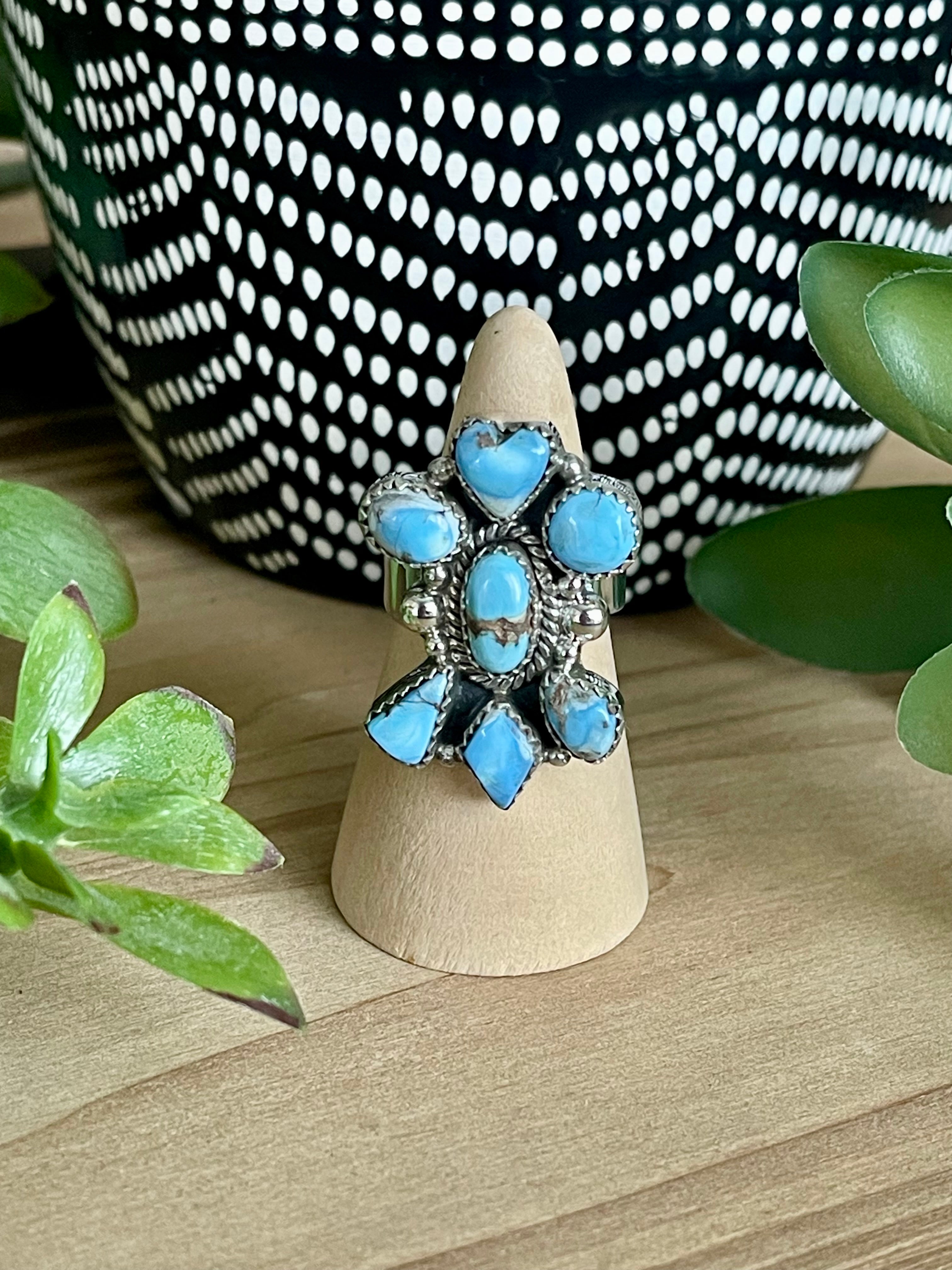 Southwest Handmade Golden Hills Turquoise & Sterling Silver Adjustable Cluster Ring