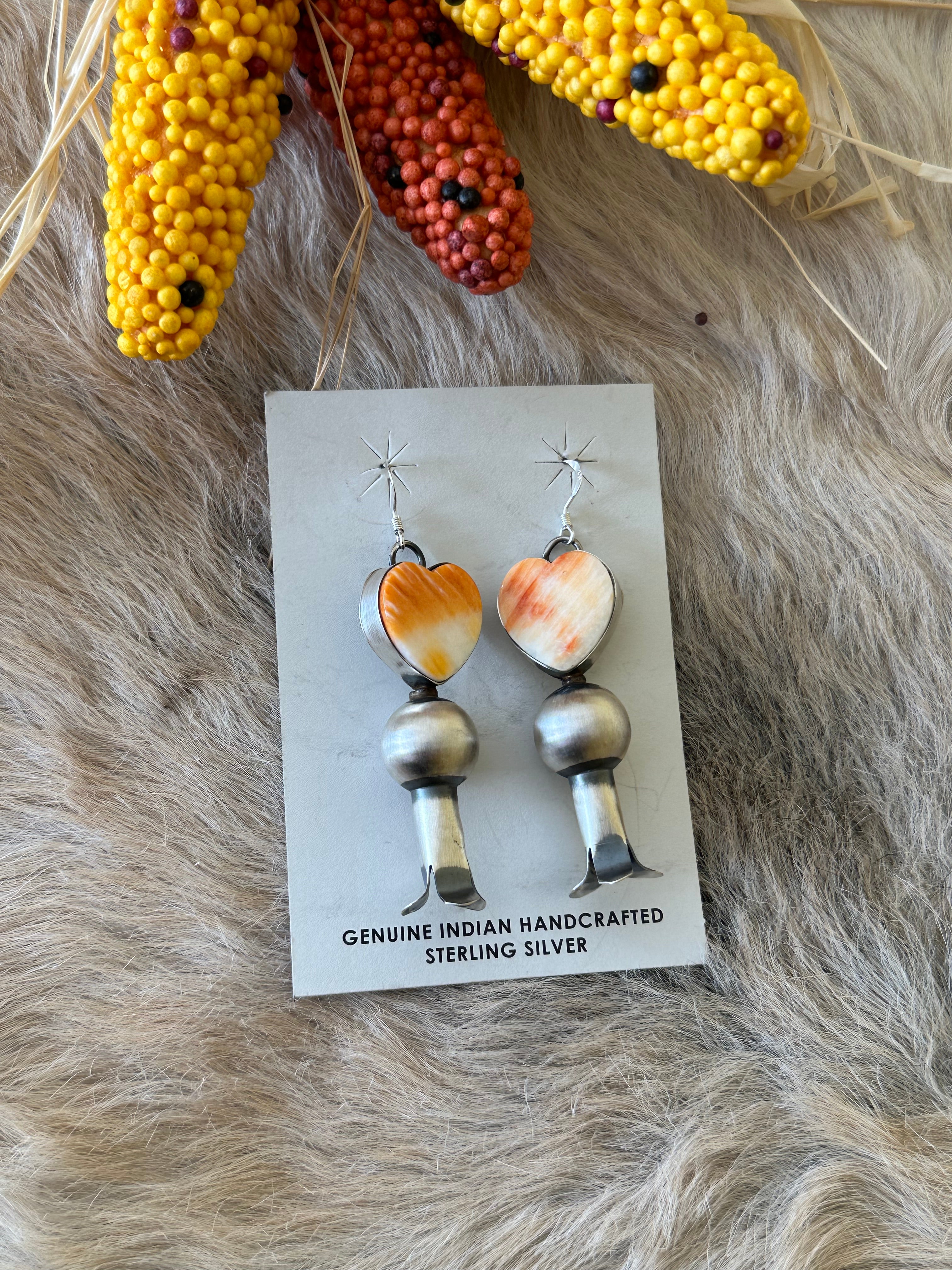 Navajo Handmade Spiny Oyster & Sterling Silver Dangle Earrings